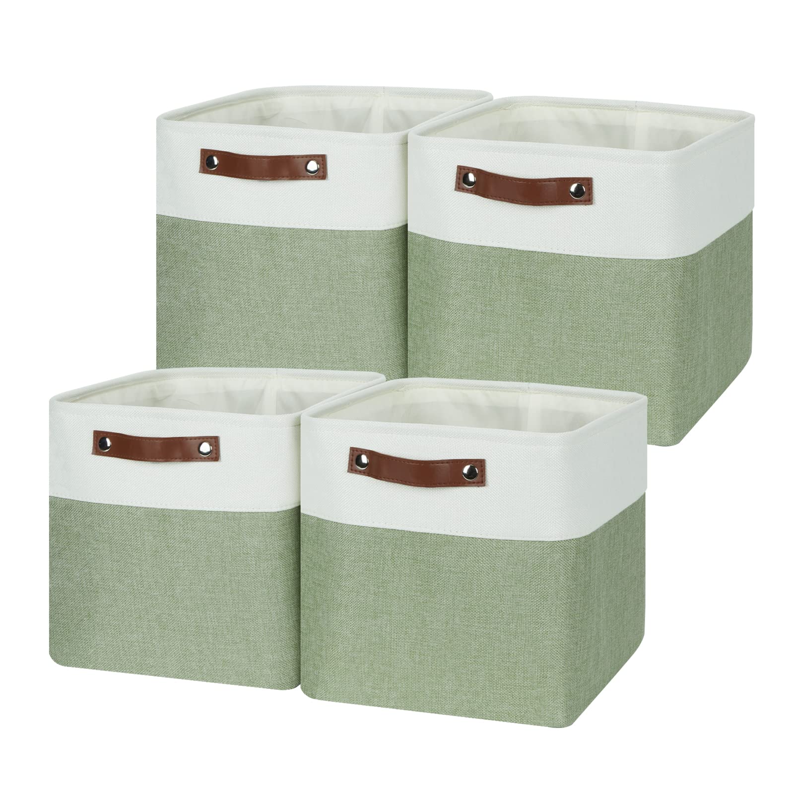 11 Inch Fabric Storage Baskets 4-Pack - White & Green Cube Organizer Bins with Handles for Shelves, Clothes, Toys & Home Decor | Perfect for Bedroom, Closet & Nursery Organization