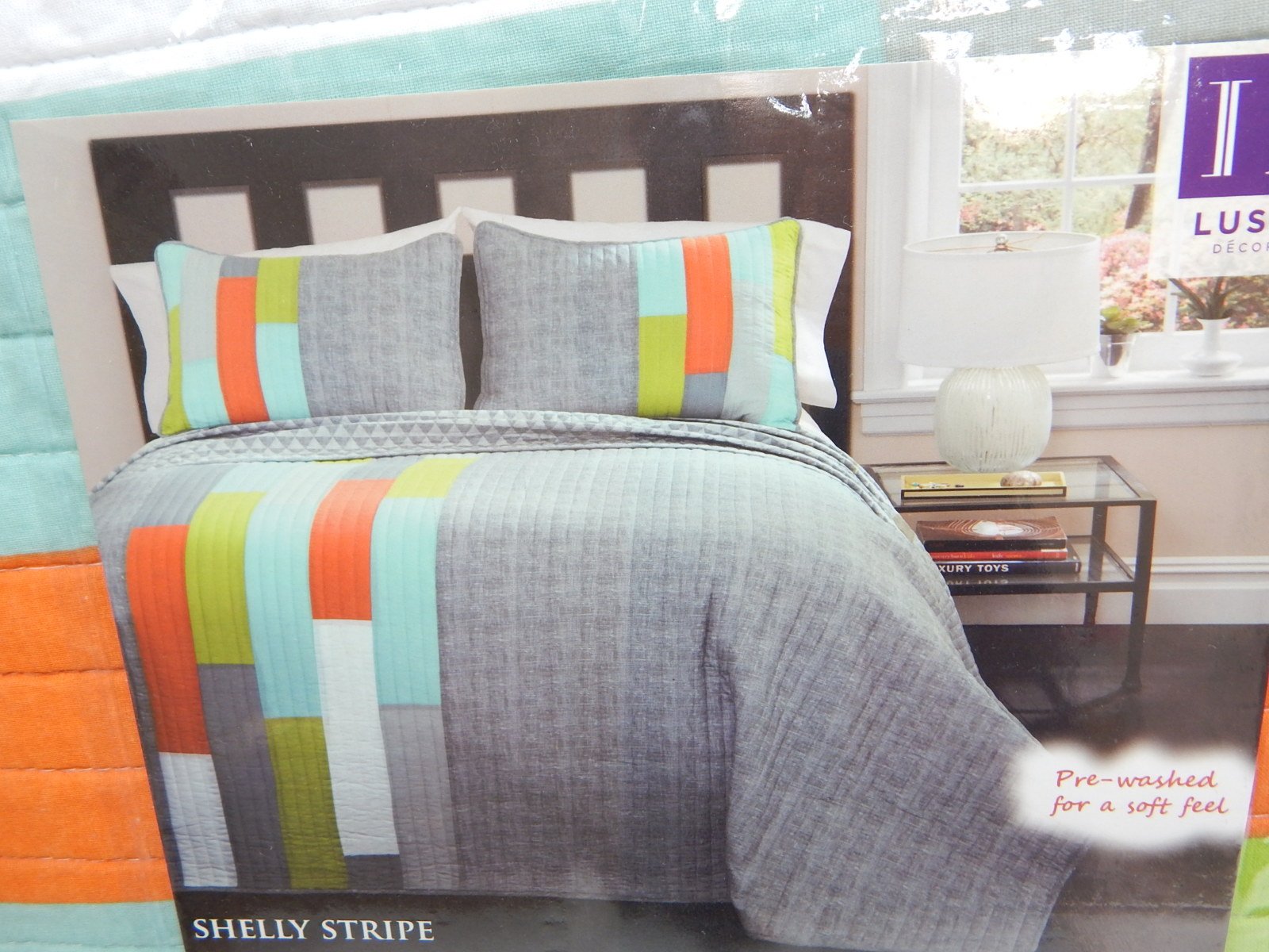 Lush Decor Shelly Stripe Quilt Set - Modern Geometric Reversible 3-Piece Bedding | Full/Queen Size in Orange & Gray - Perfect for Contemporary Bedrooms & Guest Room Makeovers