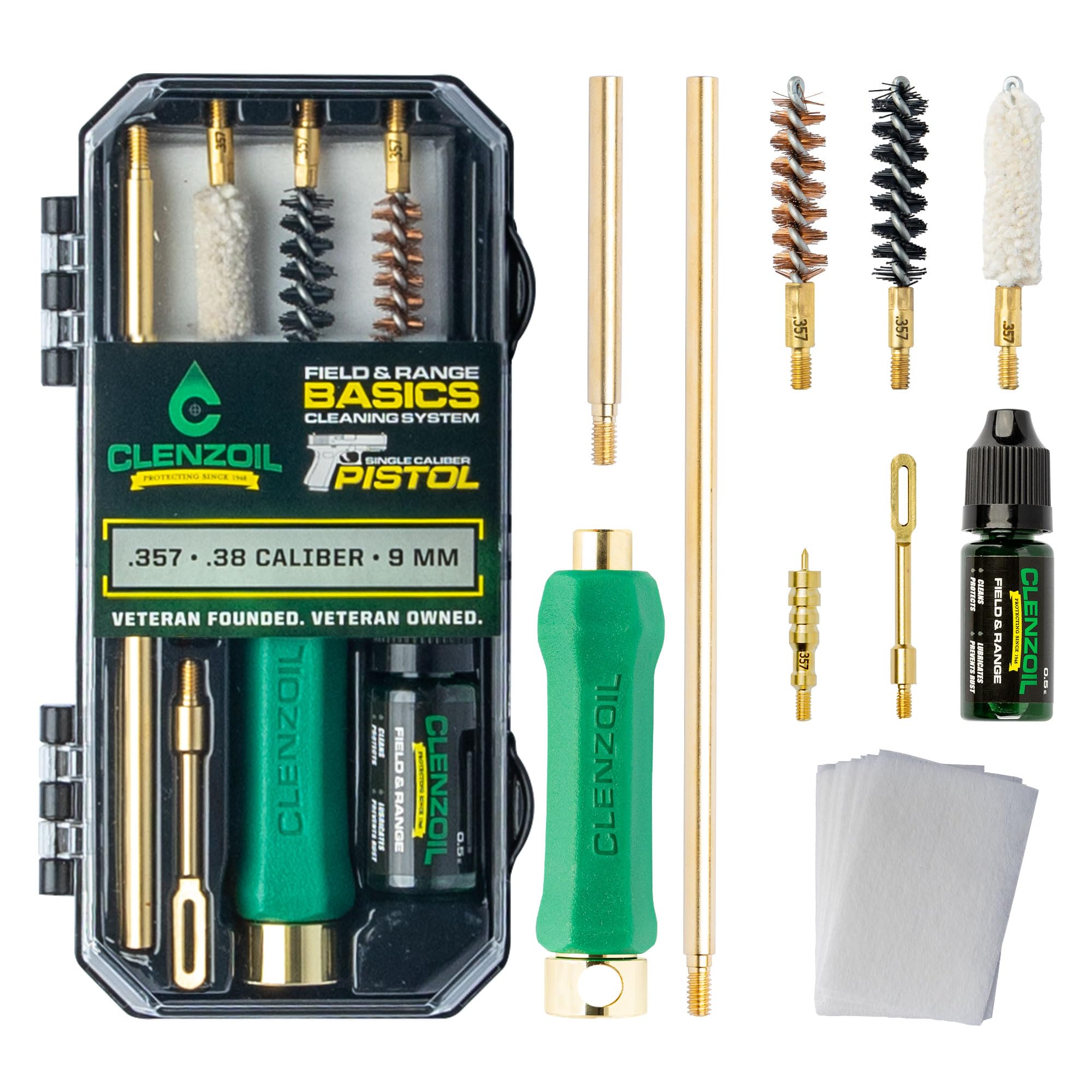 Clenzoil Pistol Basics Single-Caliber Cleaning Kit - Complete Gun Maintenance Kit for 38 Caliber & 9mm Pistols - Includes Bore Brushes, Gun Oil & Accessories - Perfect for Home, Range & Firearm Care