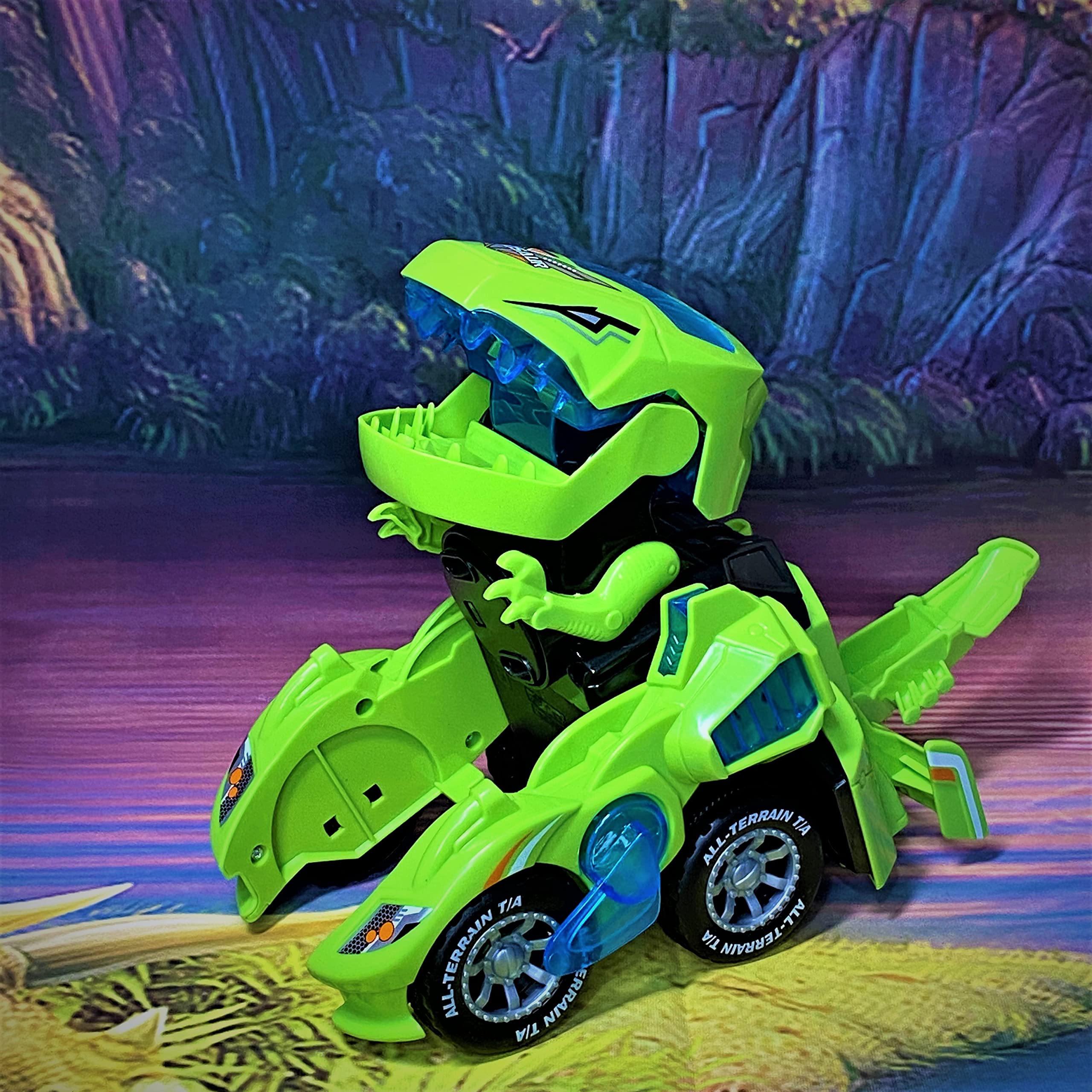 LED Dinosaur Transformer Car Toy - 2 in 1 Transforming Dinosaur Vehicle with Music & Lights - Best Gift for Kids Birthday, Christmas (Green) | Playtime, STEM Learning & Imaginative Adventures