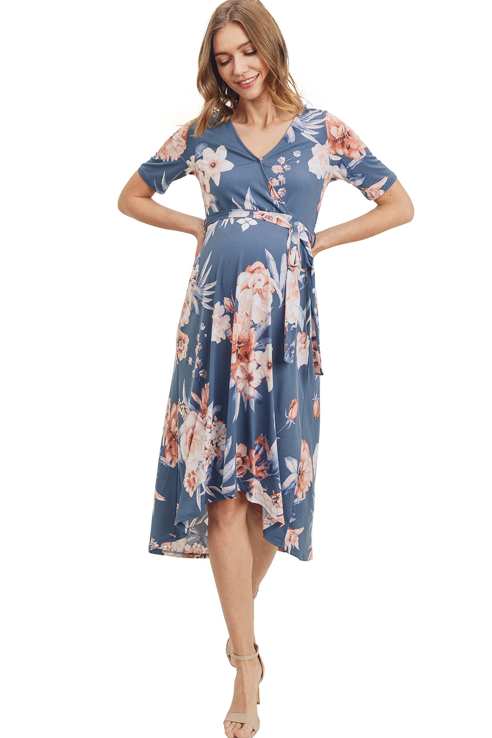Maternity Wrap Dress for Women - Mid-Length with Adjustable Waist Belt | Comfortable Pregnancy Dress for Work, Baby Shower & Nursing