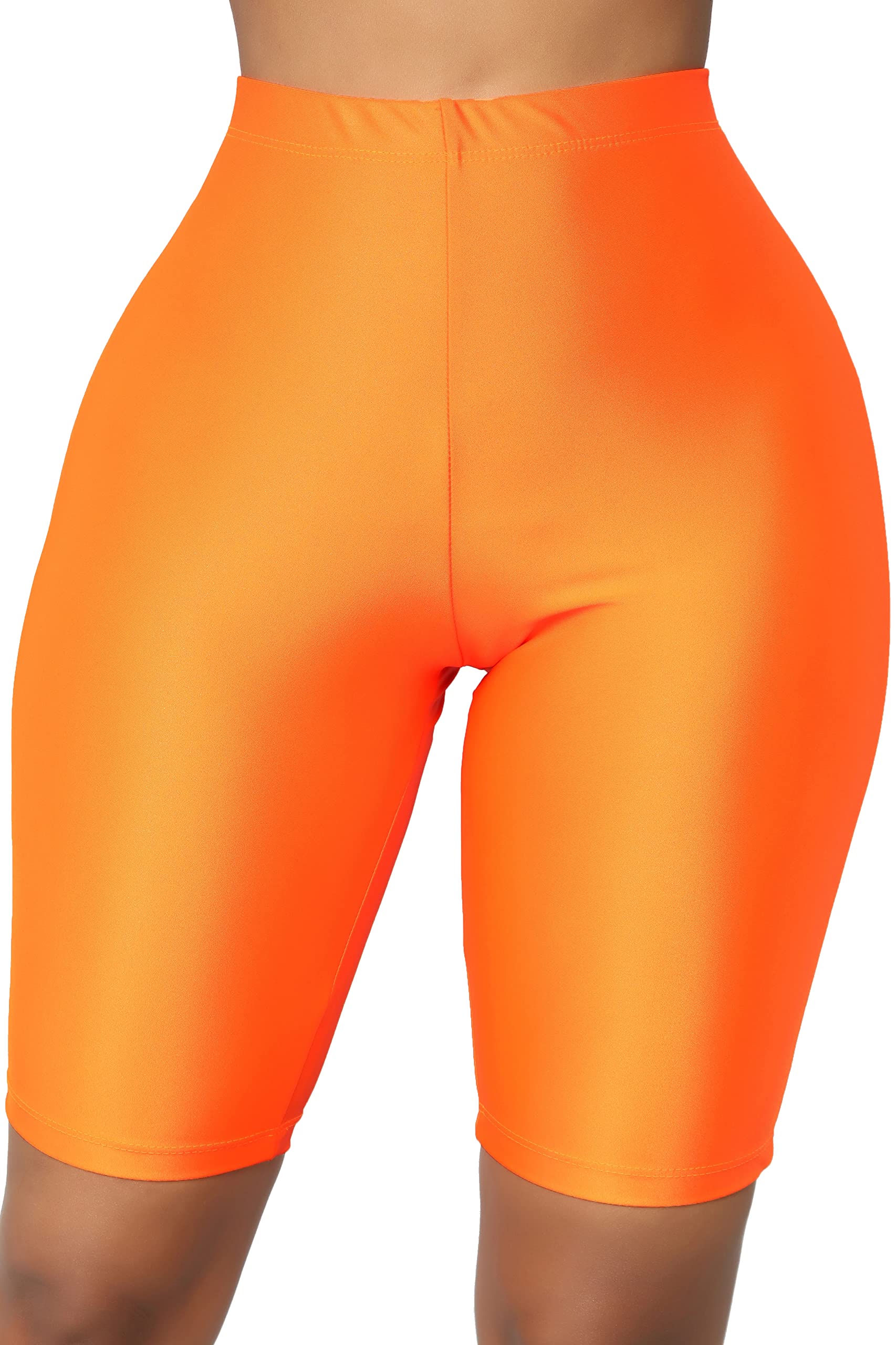 High-Waisted Shiny Neon Biker Shorts for Women - Workout Yoga Running Activewear Knee-Length Leggings | Gym, Fitness, Cycling & Lounge Wear