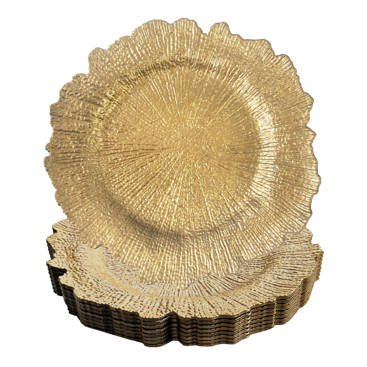 WELMATCH 12-Pack Gold Plastic Charger Plates - 13 Inch Round Floral Sponge Wedding Dinner Plates for Party Decorations & Table Settings - Elegant Gold Charger Plates for Weddings, Banquets, and Special Events