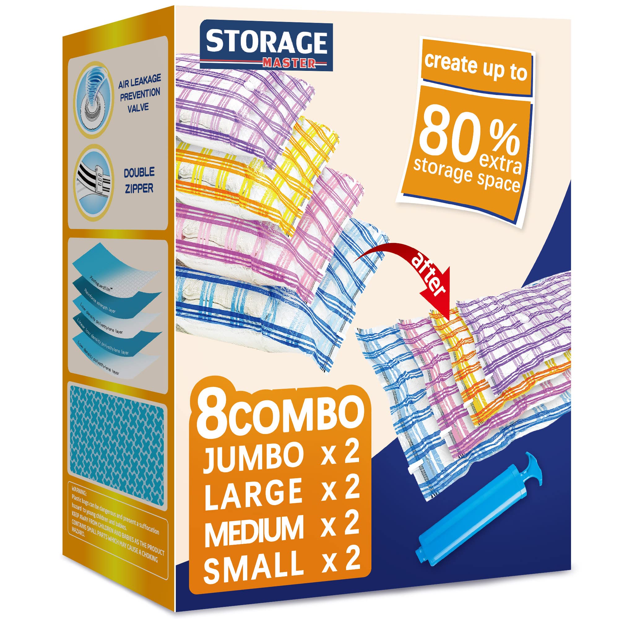 8 Pack Space Saver Vacuum Storage Bags for Clothes - Airtight Compression Storage Bags for Seasonal Clothing, Blankets & Travel - Compact Space Saving Solution for Closet, Moving & Home Organization