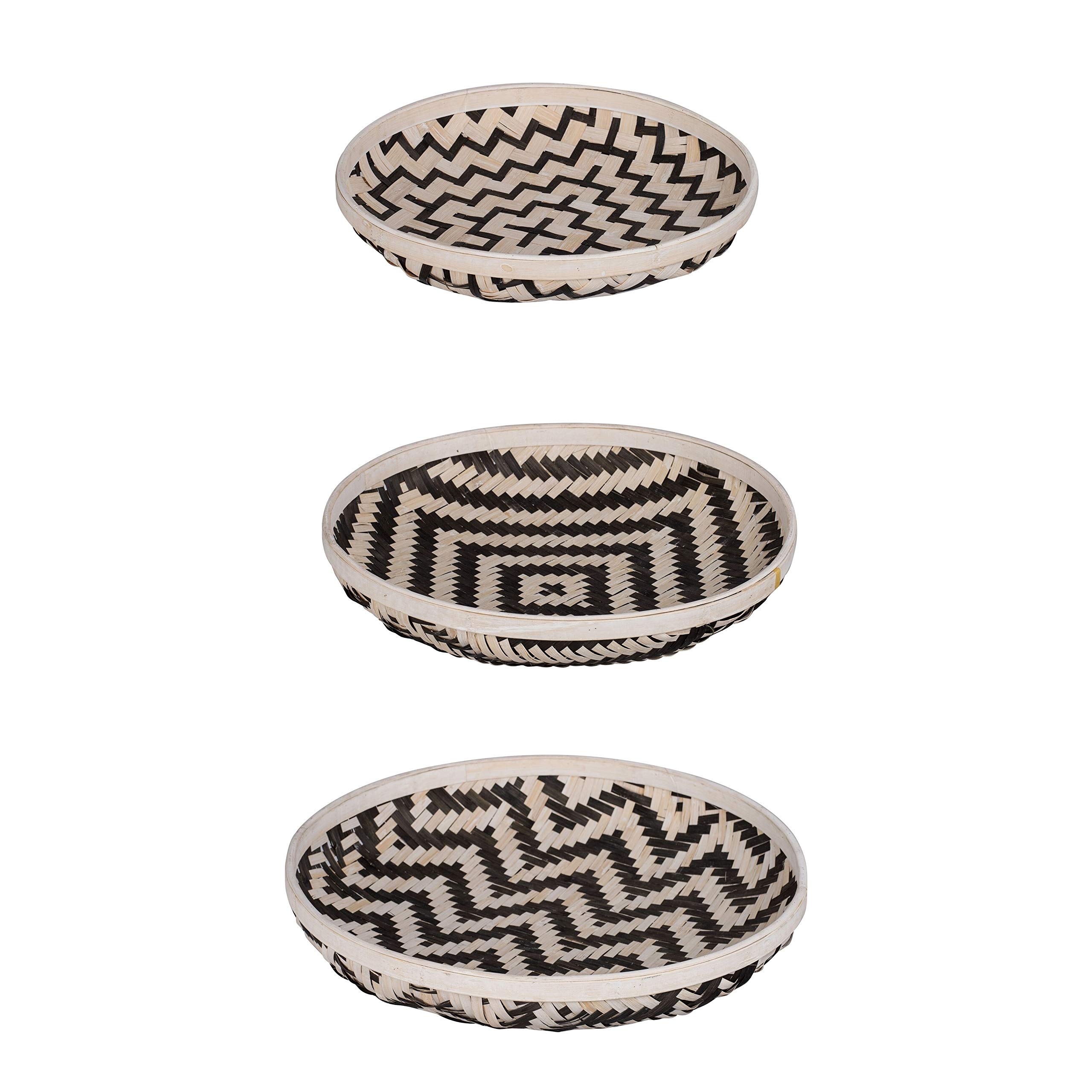 3-Piece Organic Geometric Black & White Wash Trays Set - Round Bamboo Serving Plates for Appetizers, Sushi & Desserts - Eco-Friendly Kitchen & Party Serving Dishes