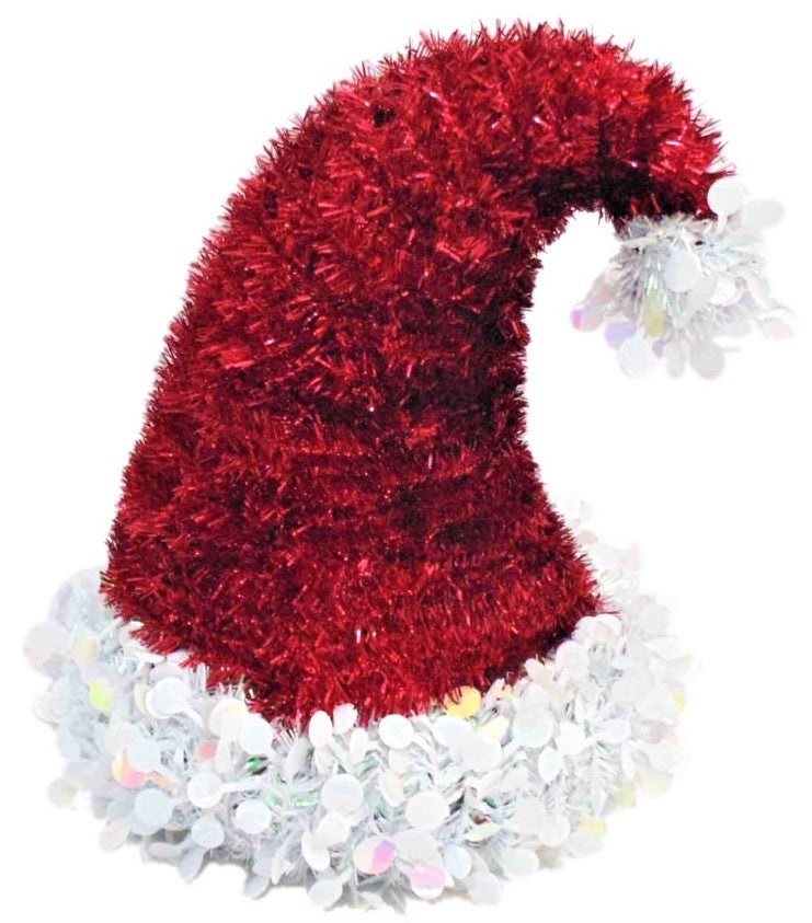 3D Tinsel Santa Hat Christmas Tabletop Decoration - Festive Holiday Party Decor for Home, Office, and Christmas Tree