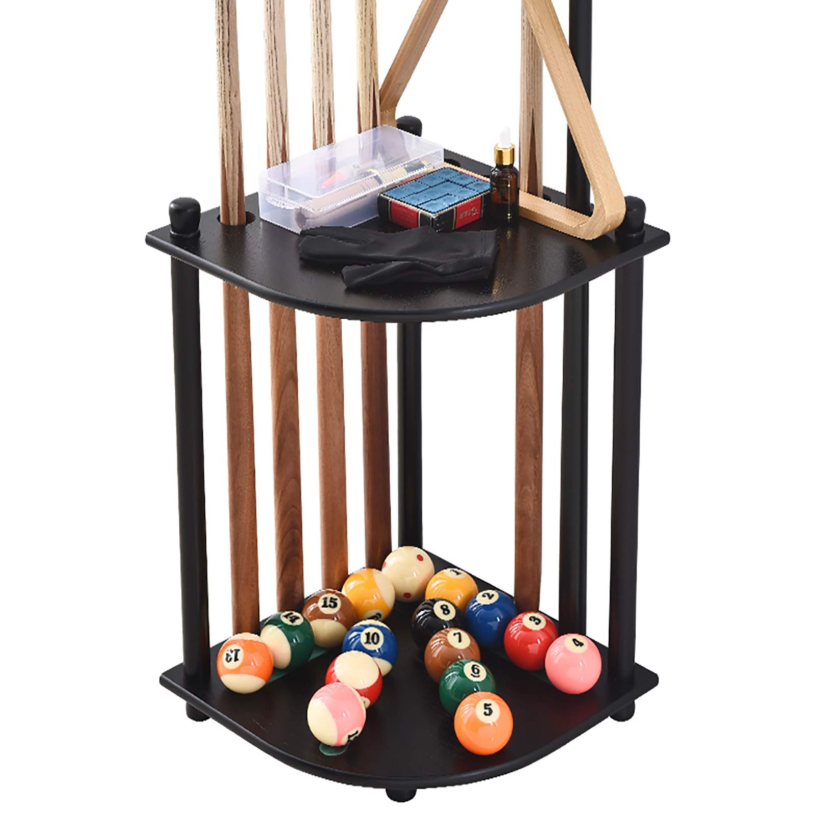 Black Corner Pool Cue Rack - Wooden Floor Pool Stick Holder Organizer - Freestanding Billiard Cue Stand Holds 8 Sticks - Perfect for Game Rooms, Bars, and Home Billiard Tables