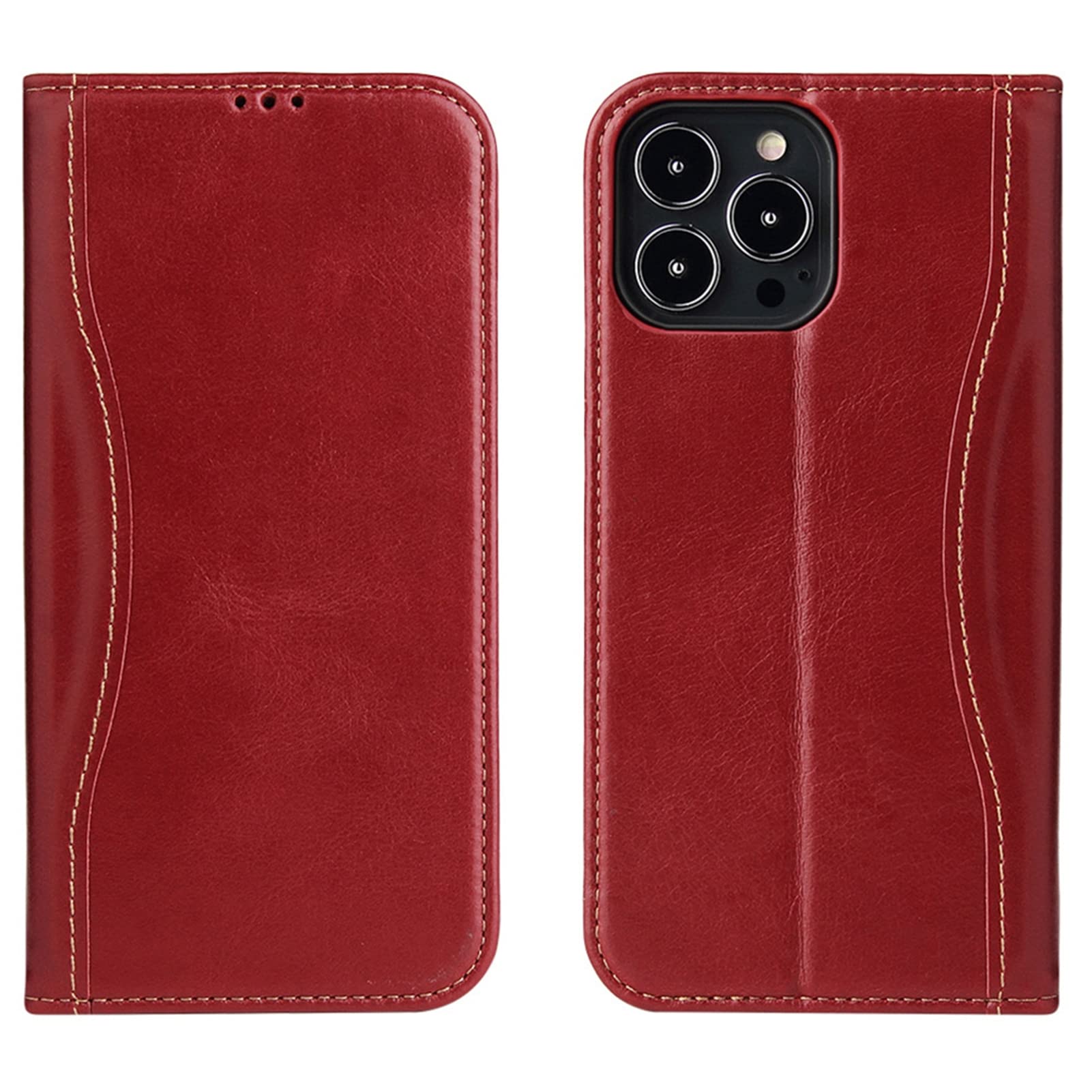 AWJK Genuine Leather Flip Folio Case with RFID Blocking & Card Slots - Compatible with iPhone 13 Pro/13 Pro Max - Shockproof Wallet Cover for Men & Women (Red) - Perfect for Business, Travel & Everyday Protection