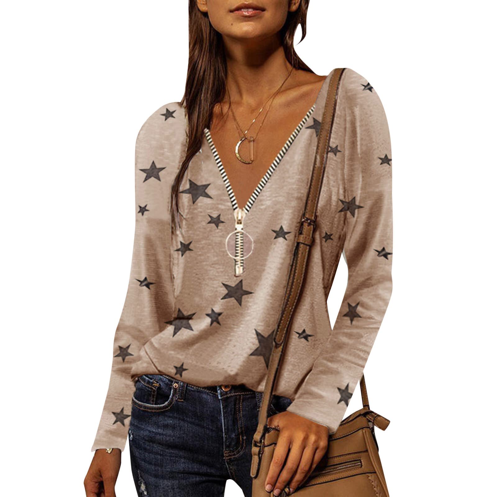 Trendy Women's Sexy V-Neck Zipper Print Tops - Plus Size Fashion Letter Graphic Blouses & T-Shirts for Casual Wear, Night Out, and Street Style