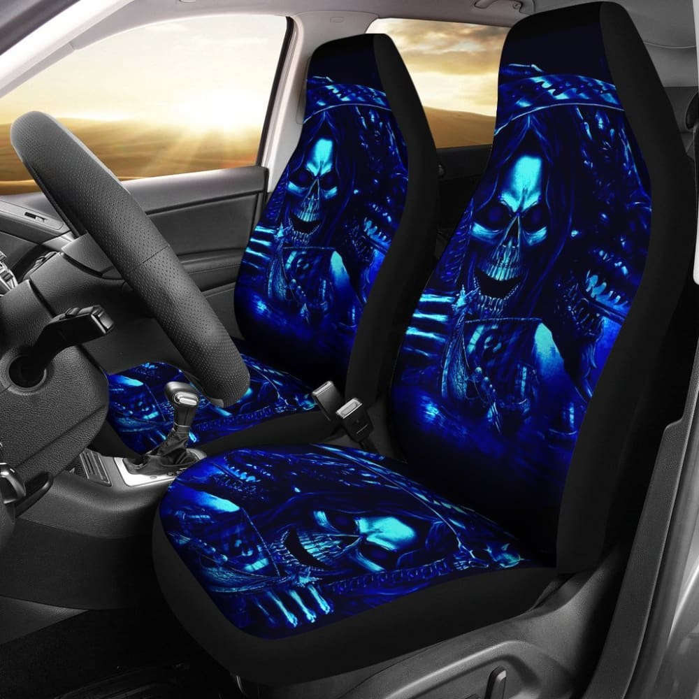 2 Pcs Gothic Skull Car Seat Covers - Universal Fit for Cars, Trucks & SUVs - Black Skull Pattern Auto Accessories for Halloween, Punk & Rocker Style - Perfect for Car Shows, Road Trips & Themed Events
