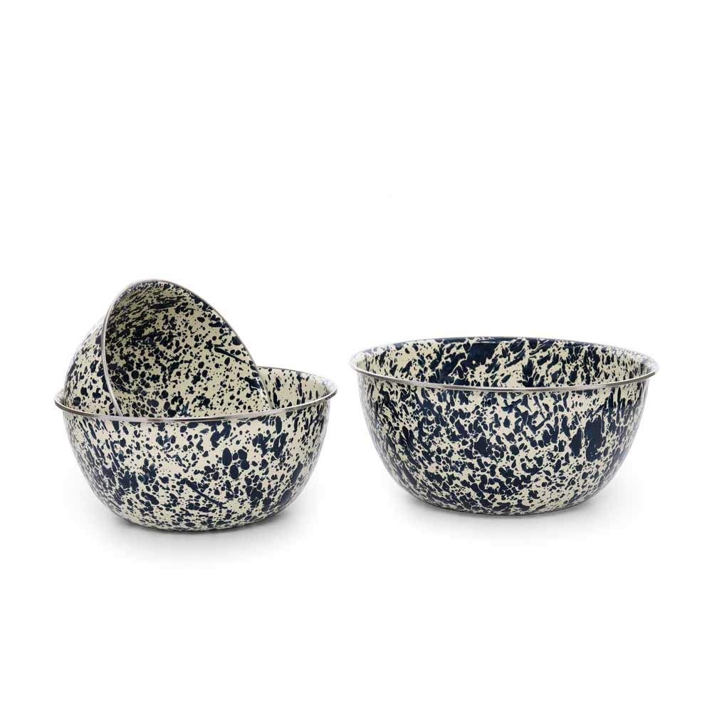 Crow Canyon Home Enamelware Mixing Bowl Set - 3-Piece Nesting Bowls in Navy & Cream Splatter Design - Perfect for Baking, Mixing, and Food Prep in Kitchen & Dining