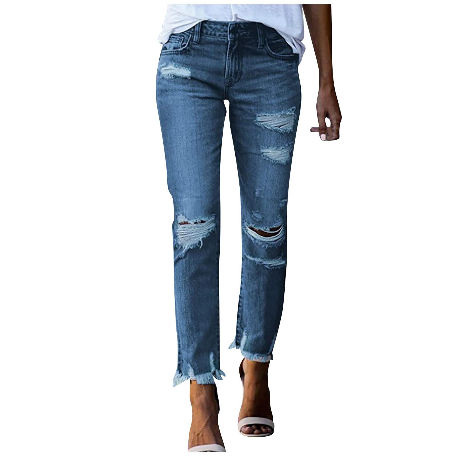 UODSVP Women's Ripped Jeans - Medium Waist Distressed Denim Pants with Large Holes & Slim Fit for Casual Wear | Perfect for Street Style, Outings & Everyday Fashion