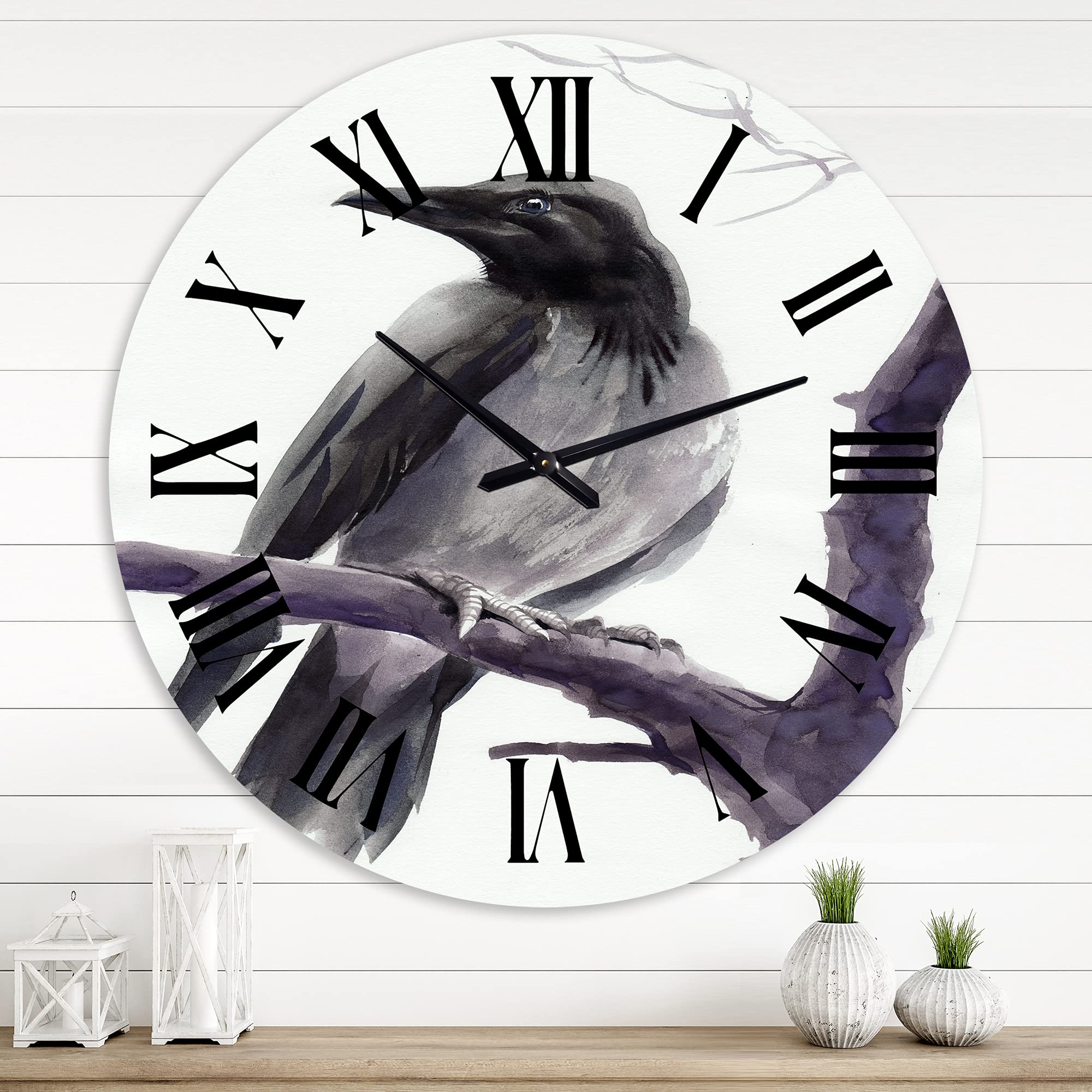 DesignQ Traditional Wall Clock 'Big Crow On A Branch' - Large Decorative Animal Wall Clock for Bedroom, Living Room, Office - Silent Non-Ticking Home Décor with Premium Wooden Frame