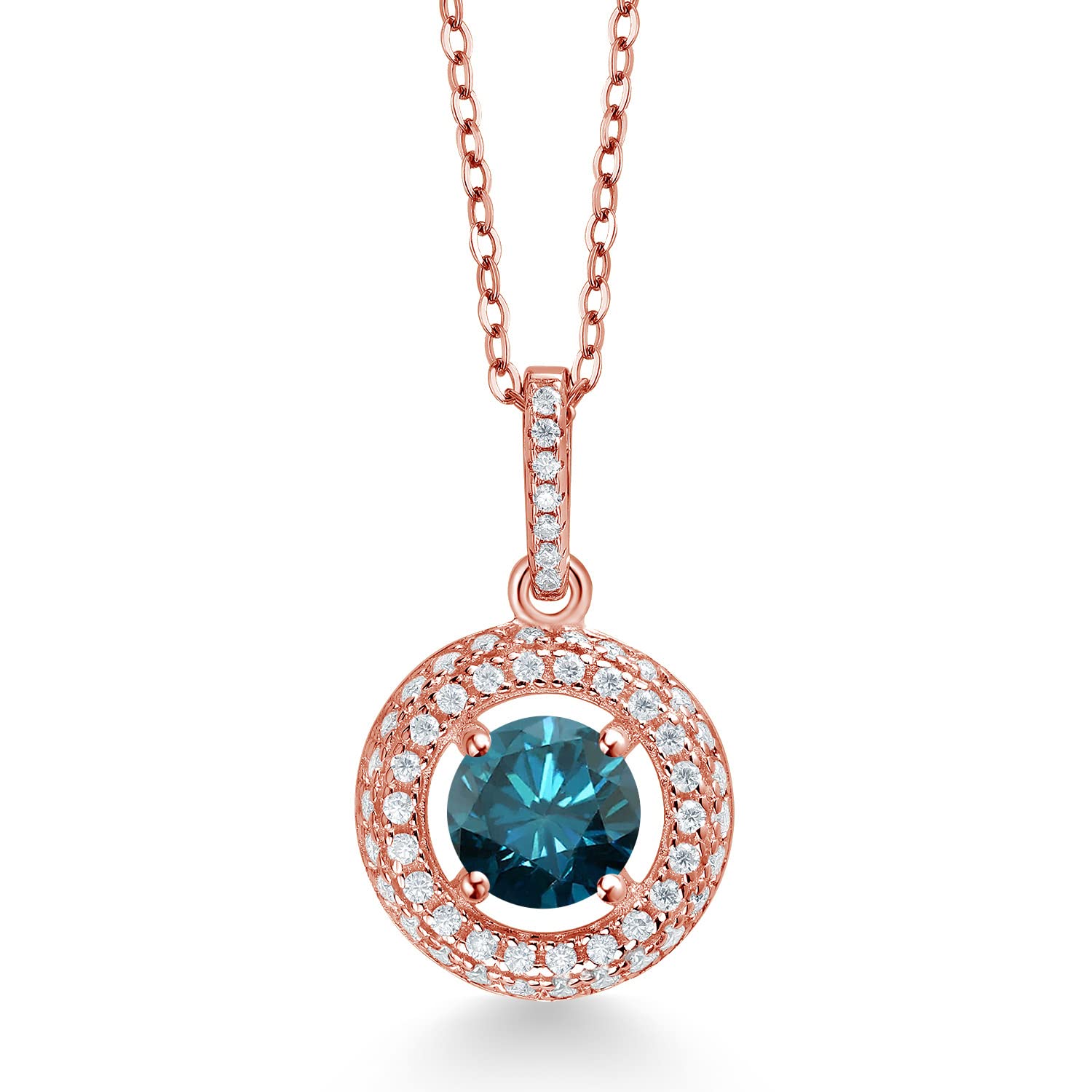 18K Rose Gold Plated Silver Pendant Necklace with Round Blue Diamond & Moissanite (1.10 CTTW) - Elegant Jewelry Gift for Women, Perfect for Weddings, Anniversaries & Special Occasions