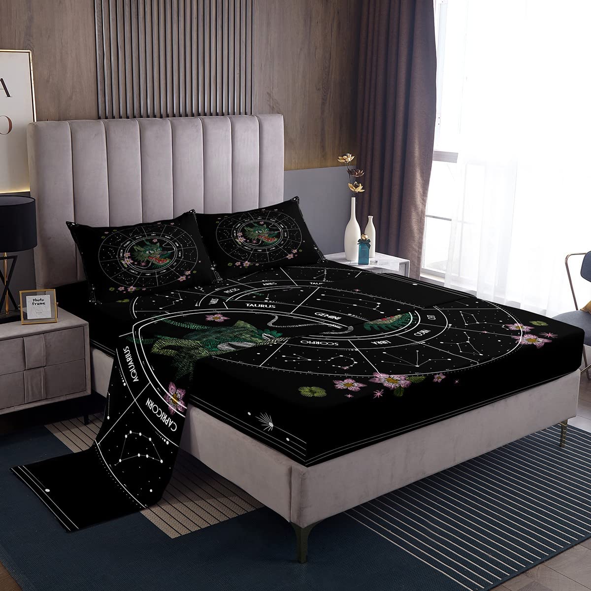 Japanese Cherry Blossom Embroidery Dragon Print 4-Piece Bedding Set - Full Size Fitted Sheet, Flat Sheet & 2 Pillowcases - Galaxy Constellation Design for Kids Boys Room Decor - Perfect for Themed Bedrooms, Birthday Gifts & Cozy Sleep