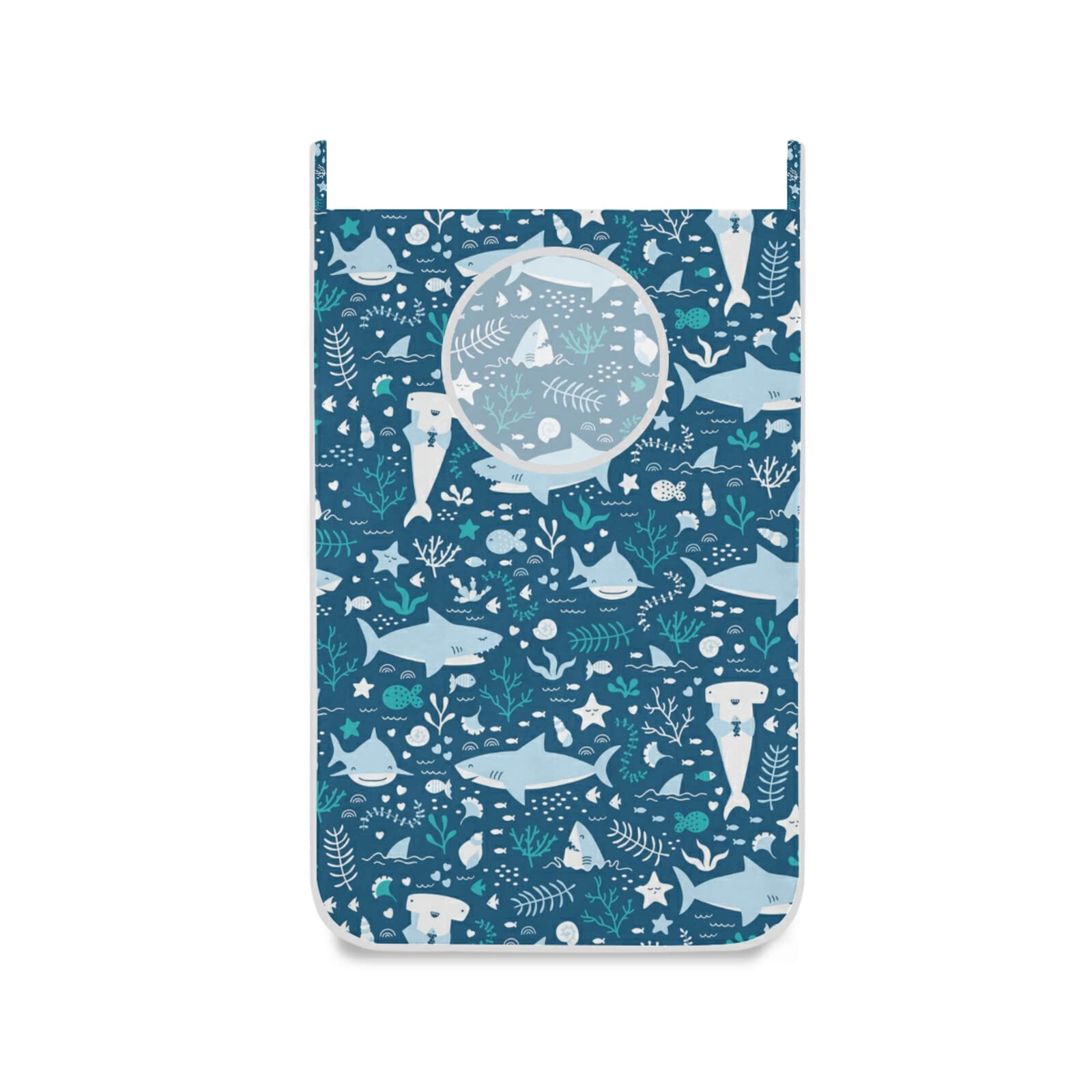 Seamless Blue Underwater Sharks Seaweed Starfish Hanging Laundry Hamper - Dark Blue Dirty Clothes Bag with Hooks for Door/Wall - Storage Closet Organizer for Bathroom, Bedroom & Kids Room - Perfect for Laundry, Toy Storage & Closet Organization