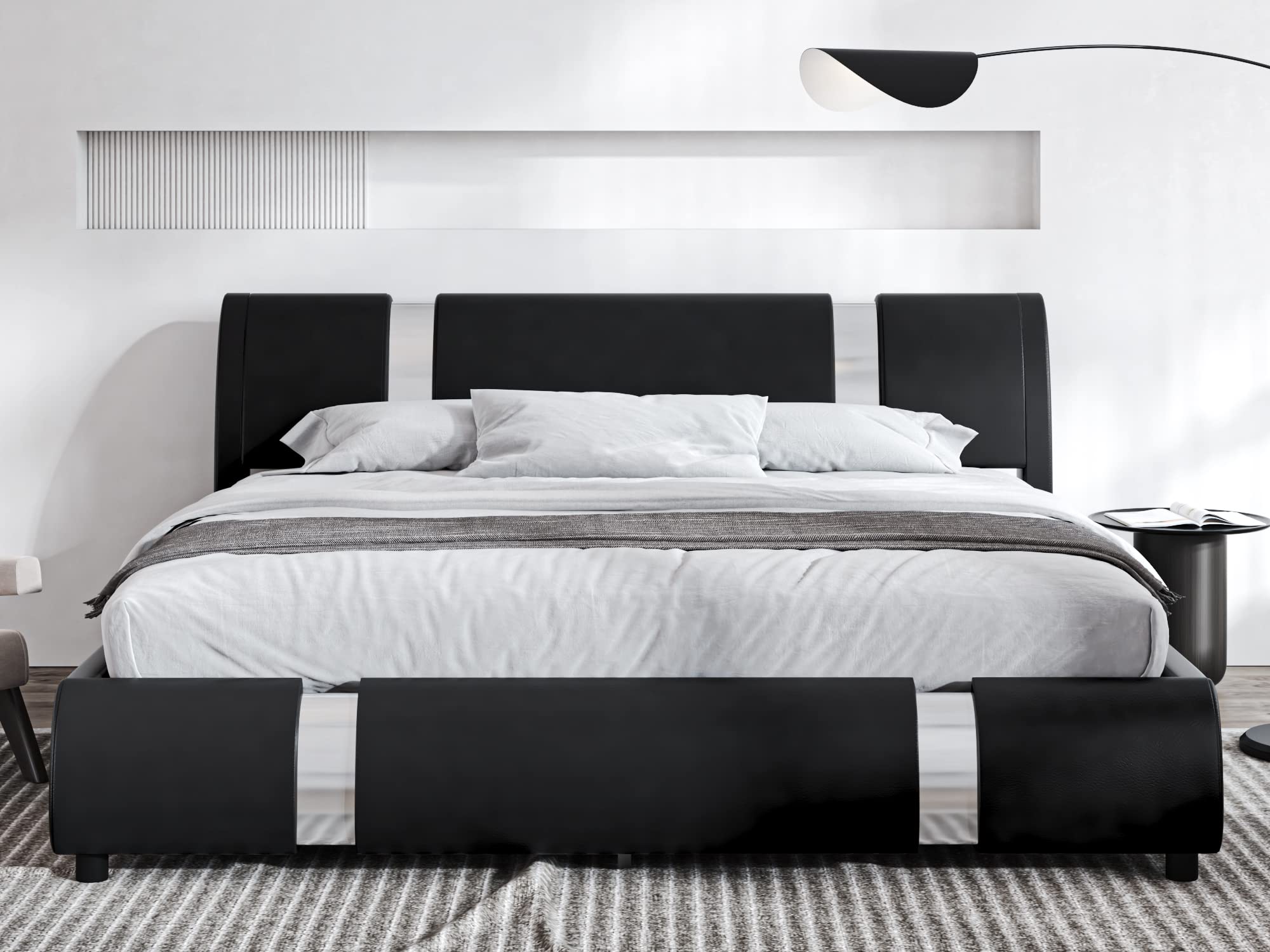 Lov4ever Queen Size Bed Frame with Iron Decor - Modern Upholstered Low Profile Platform Bed with Adjustable Headboard, No Box Spring Required (Black) - Perfect for Small Bedrooms, Guest Rooms & Modern Apartments
