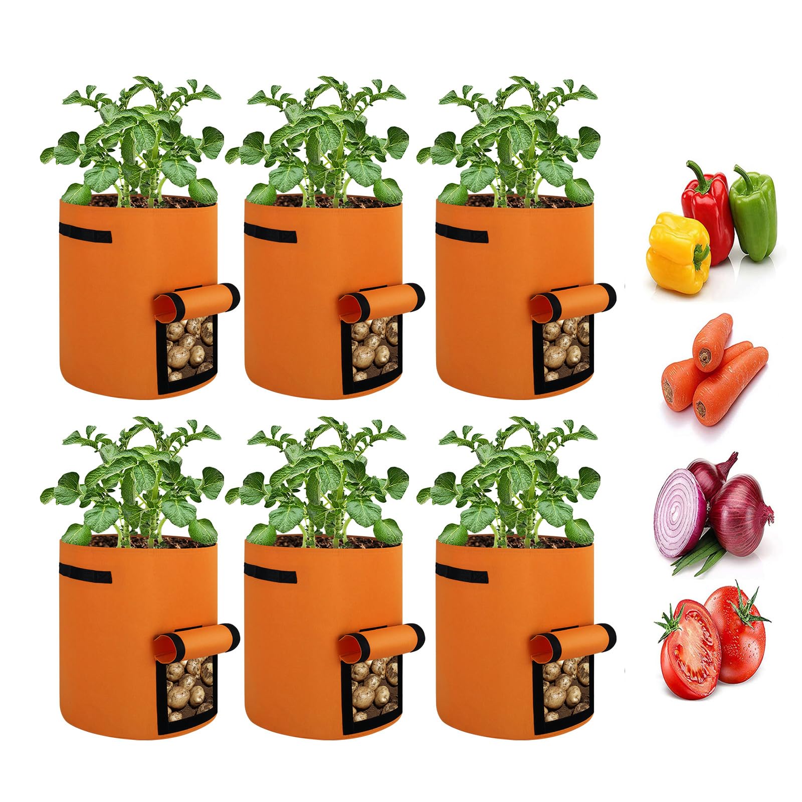 6 Pack 10 Gallon Thickened Nonwoven Fabric Grow Bags with Flap - Plant Potatoes, Tomatoes, Fruits, Herbs & Vegetables - Ideal for Home Gardening, Balcony & Indoor Planting