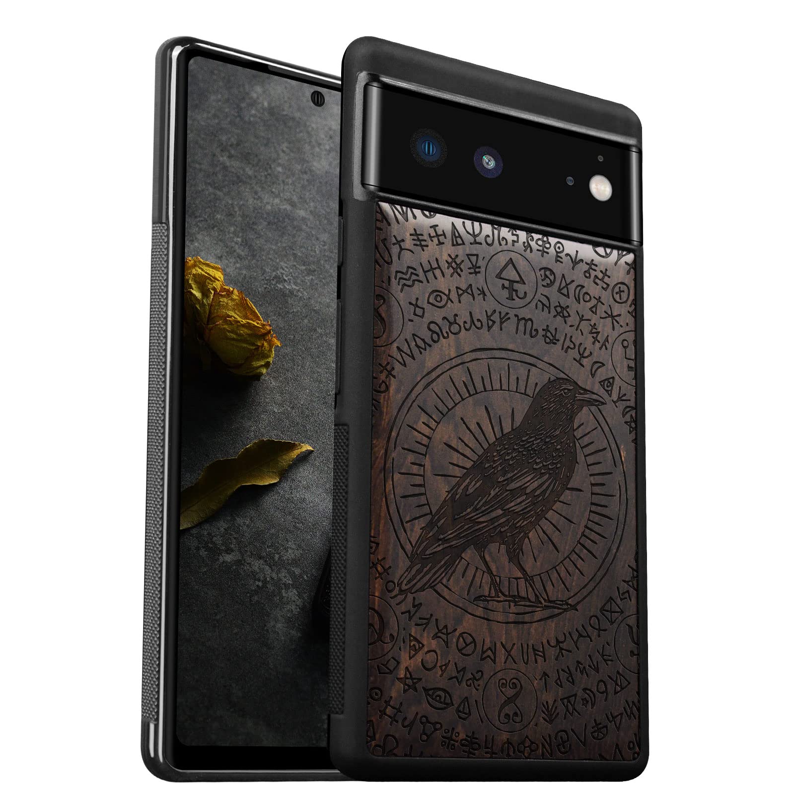 Carveit Wooden Case for Google Pixel 6 (2021) - Natural Wood & Black TPU Shockproof Protective Cover - Witchcraft Raven-Blackwood Design - Perfect for Outdoor Adventures & Everyday Protection