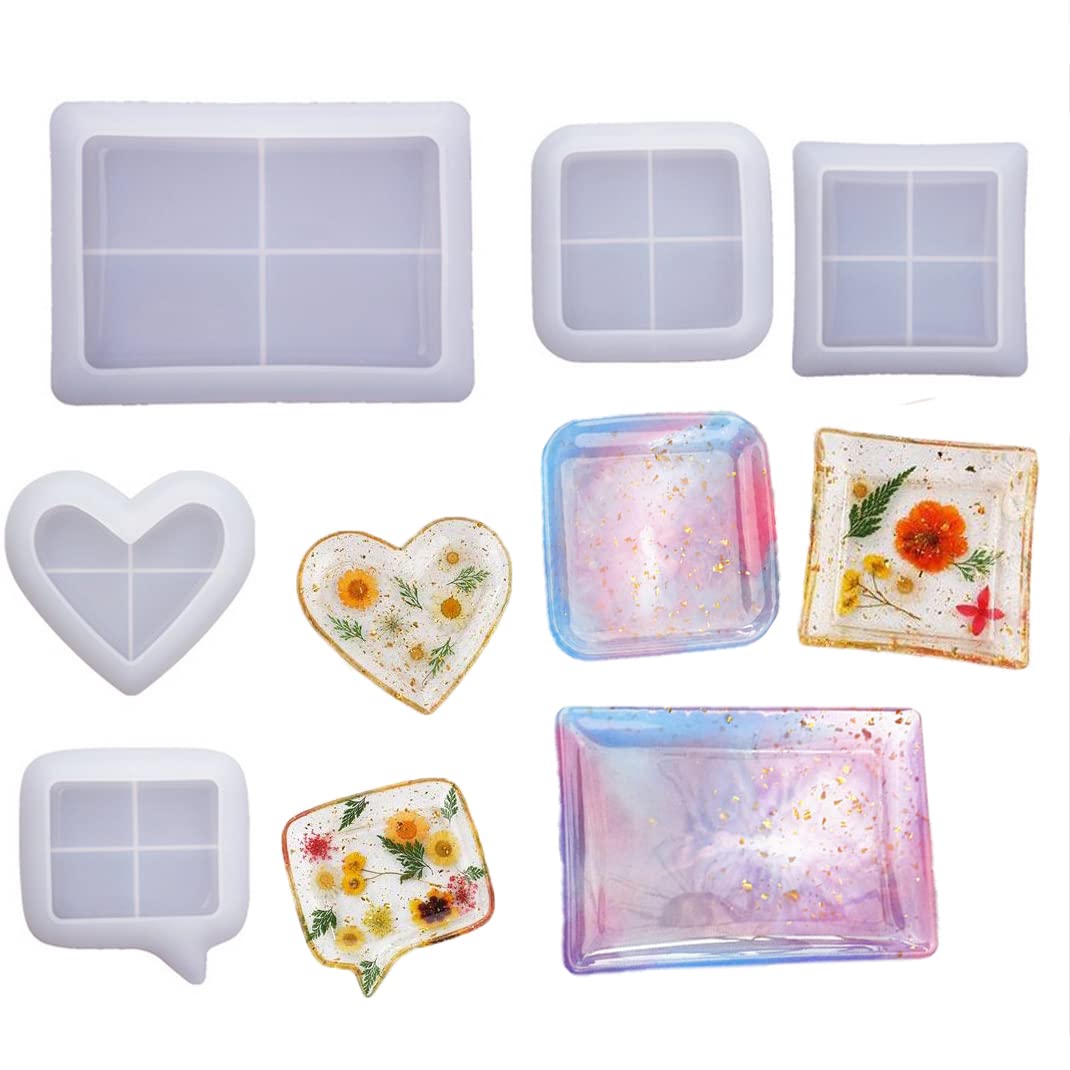 DIYBravo 5-Piece Silicone Resin Molds Set - Heart, Square & Rectangle Shaped Dish Molds for Epoxy Resin Casting, DIY Plate Crafts - Perfect for Jewelry Making, Soap Molds, Candle Holders & Home Decor Projects