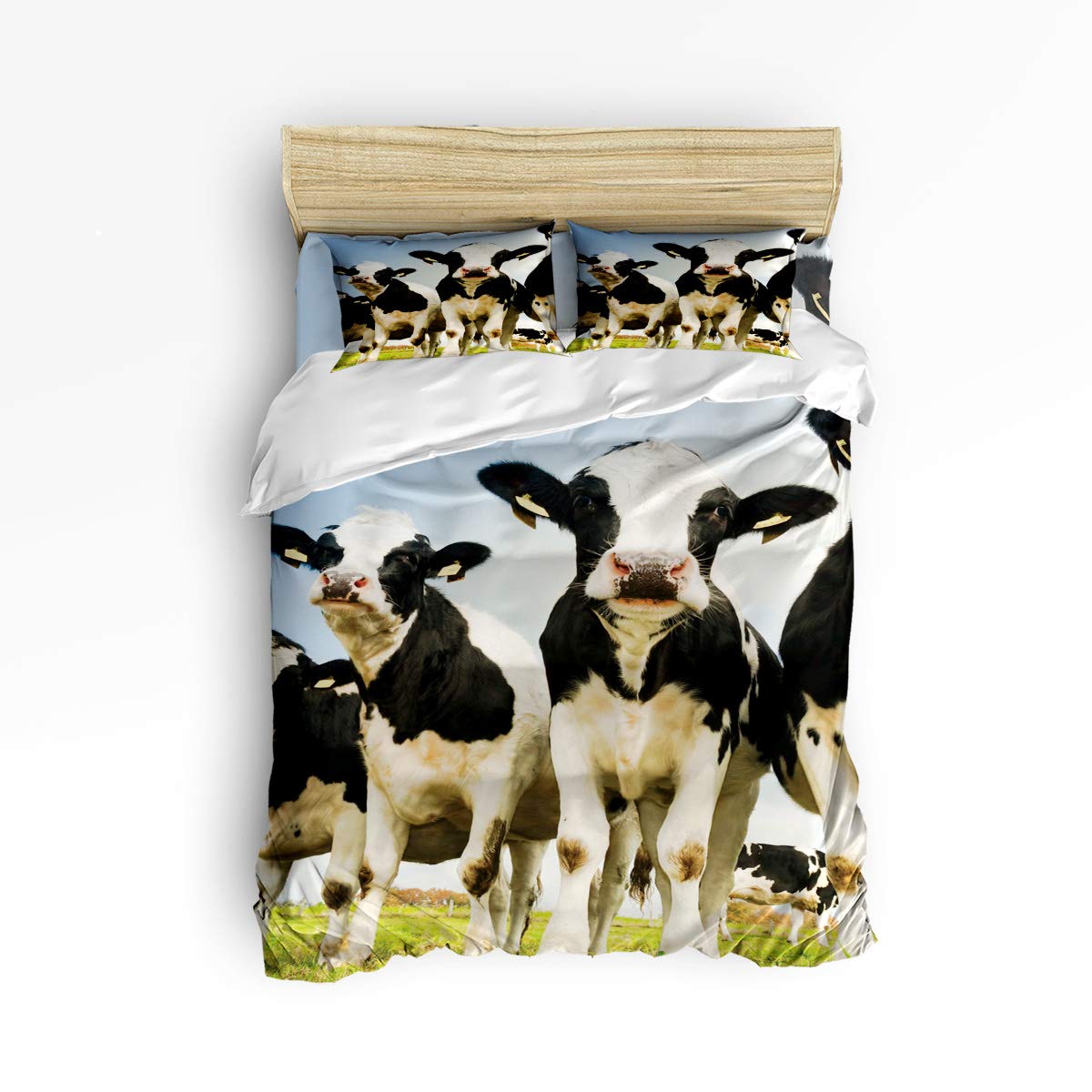 USOPHIA King Size 4-Piece Bed Sheet Set - Funny 3D Printed Cute Milk Cows & Floral Design Duvet Cover - Soft Breathable Bedding for Kids, Teens & Adults - Perfect for Bedroom, Dorm & Guest Room