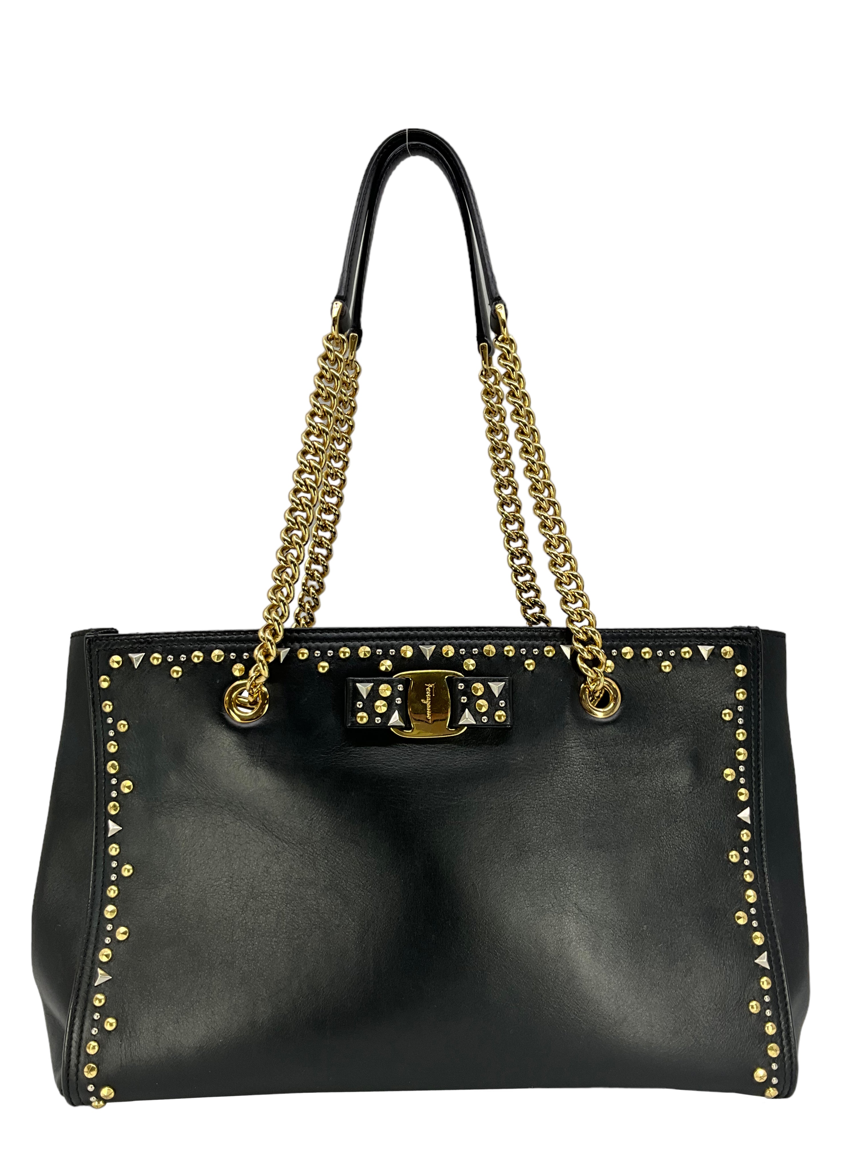Salvatore Ferragamo Studded Leather Vara Bow Bag - Luxury Designer Handbag for Women, Perfect for Parties, Weddings & Evening Events