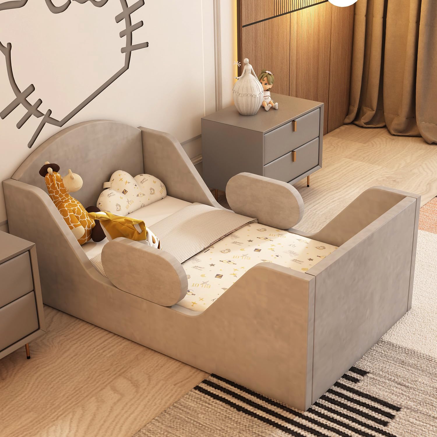 **Round Toddler Bed with Safety Rail & Upholstered Headboard - Standard Crib Size Floor Bed for Kids 18 Months to 6 Years (Gray) | Montessori Bedroom, Nursery, Daycare & Playroom Decor**