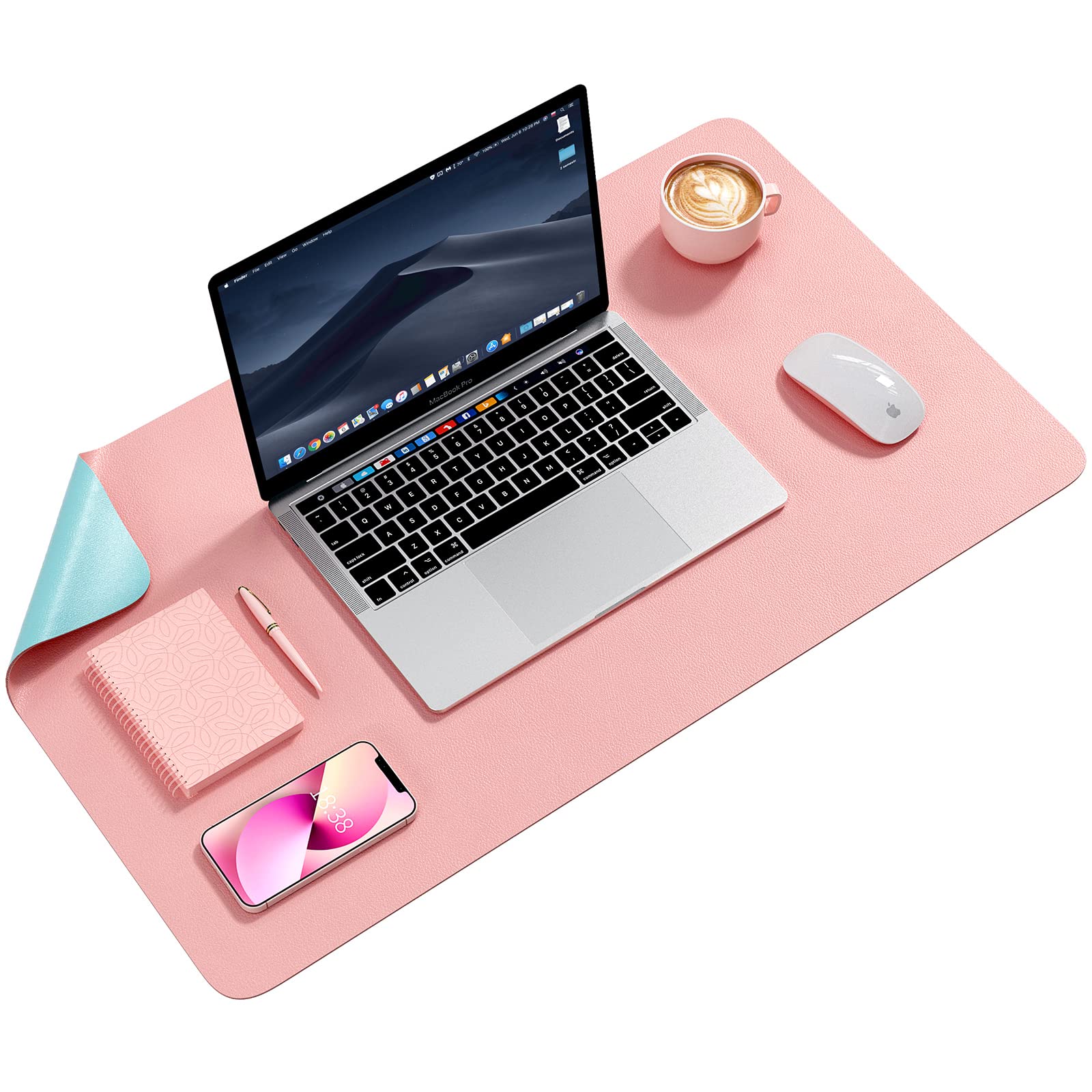 Premium PU Leather Desk Pad Protector - Dual-Sided Waterproof Keyboard & Mouse Mat for Office & Home - Non-Slip Writing Surface (Pink & Blue, 23.6