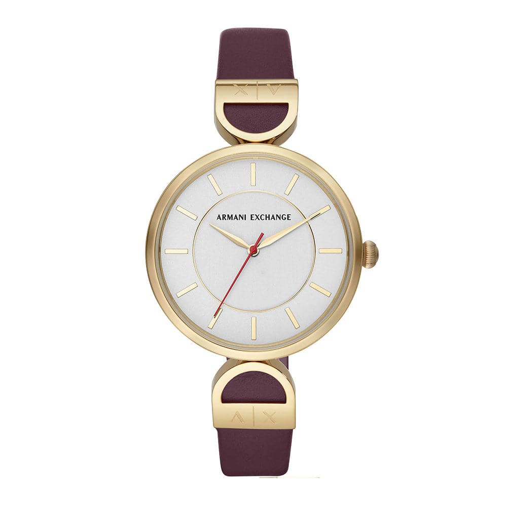 ARMANI EXCHANGE AX5326 Women's Watch - Gold Stainless Steel Case with Purple Leather Strap, Analog Quartz Movement - Perfect for Casual Wear, Office & Special Occasions