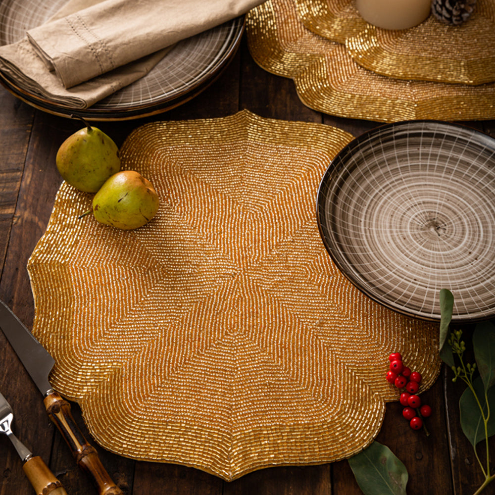 Aurum Golden Beads Table Mats Set of 2 - Elegant and Durable Placemats for Dining Table, Perfect for Home Decor, Dinner Parties, and Special Occasions