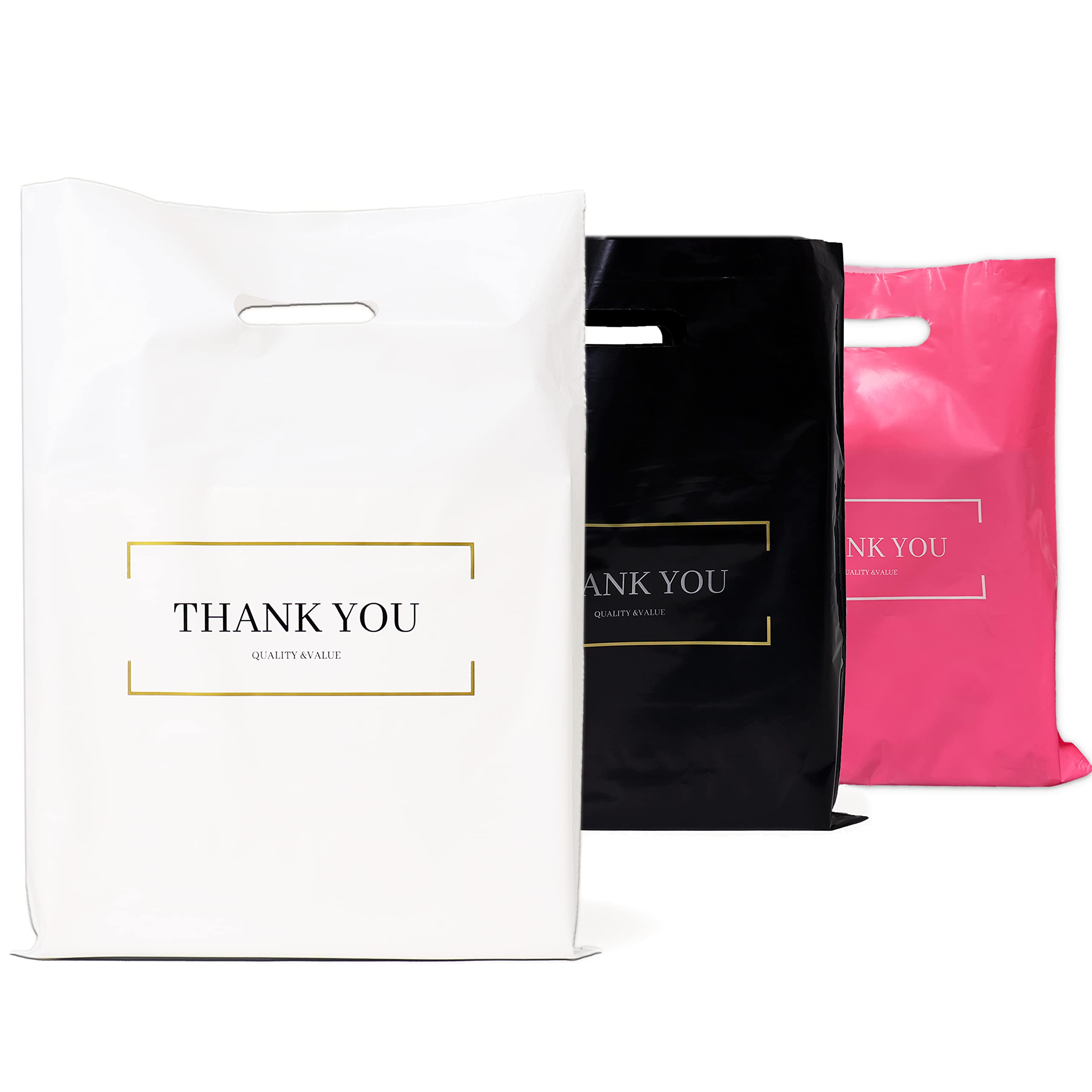 BISC Small White Thank You Bags - 9x12 Inch Plastic Retail Bags (65 Pack) - Die Cut Shopping Bags for Boutiques, Stores & Parties | Perfect for Gift Wrapping, Wedding Favors & Small Business Packaging
