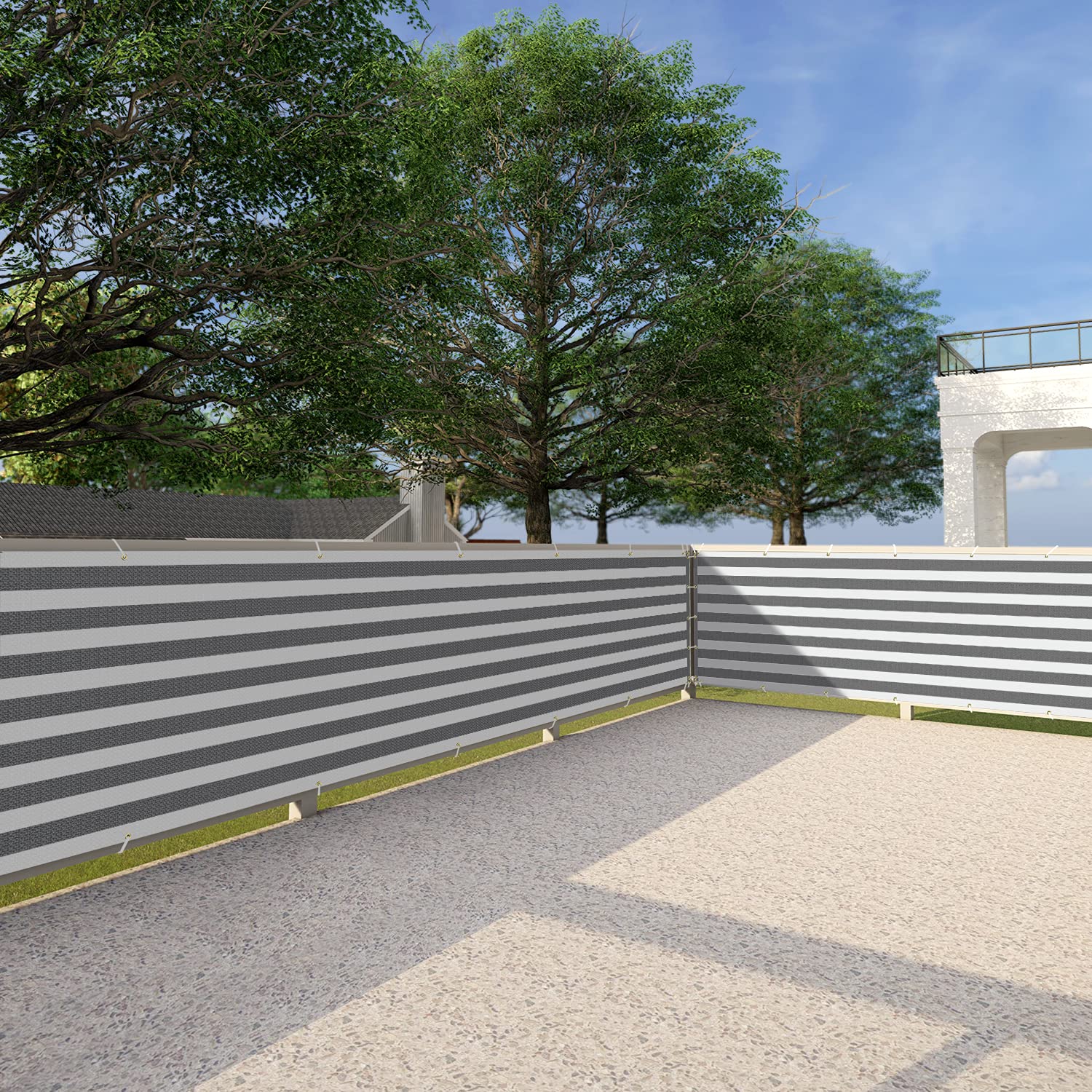 3'x57' Outdoor Privacy Screen for Patio, Deck, Balcony, Yard & Pool - Grey & White Strips with Zip Ties - Perfect for Backyard Fencing, Chain Link Privacy & Porch Protection