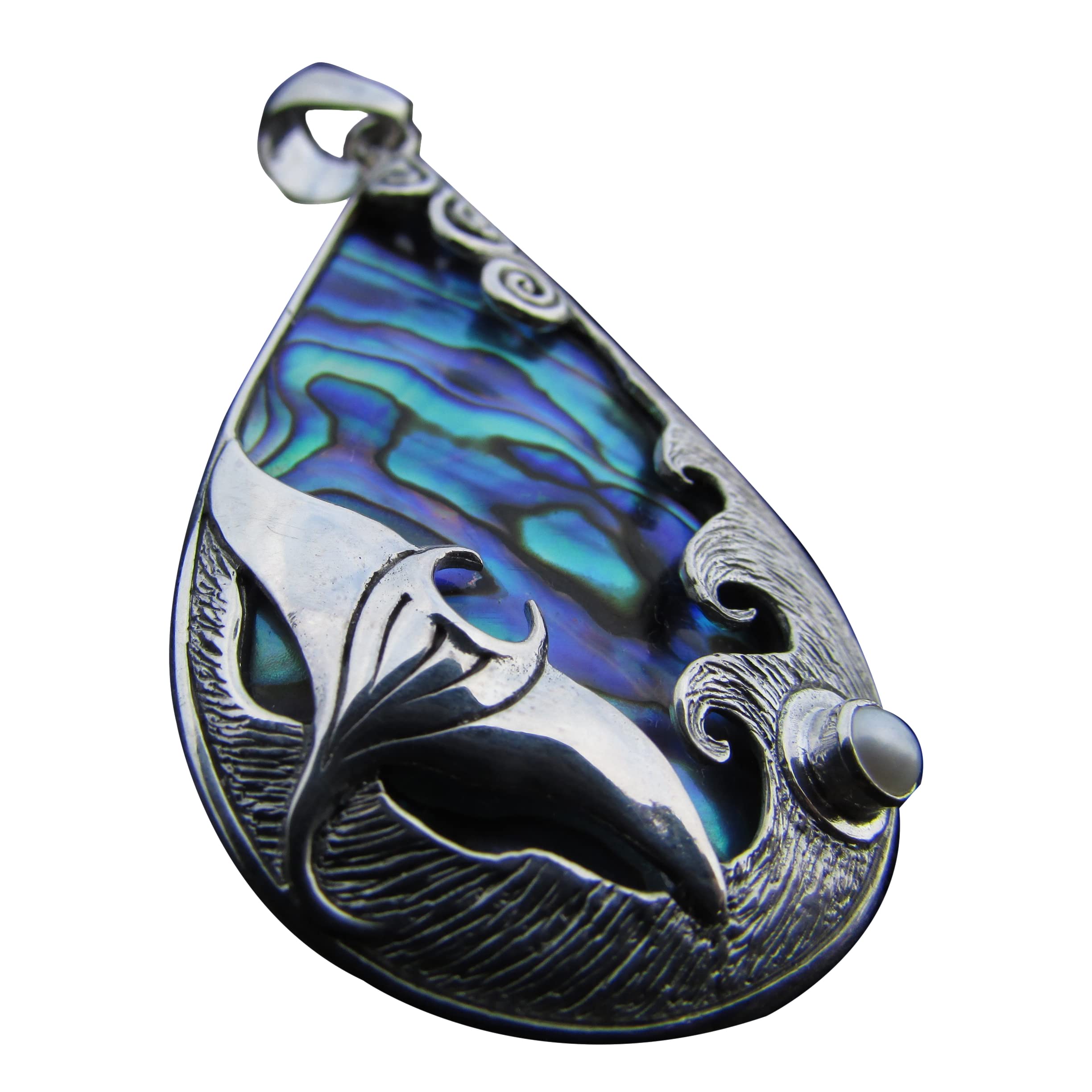 Handmade Manta Ray Wave Pendant Necklace with Pearl & Paua Abalone Shell | Sterling Silver Ocean Jewelry | Unique Beach Gift for Women | Perfect for Summer Vacations, Boho Outfits & Coastal Weddings