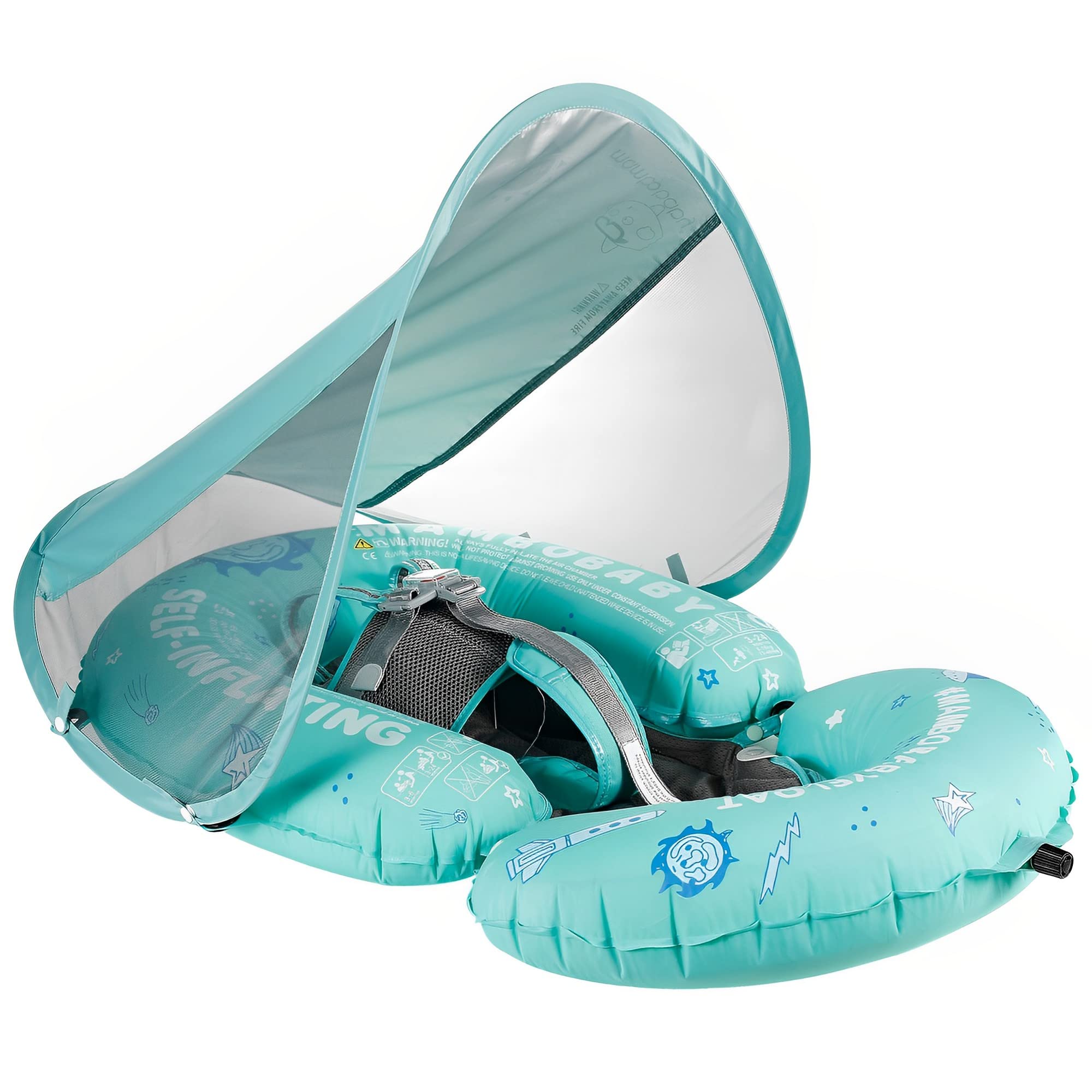 HECCEI Mambobay Inflatable Baby Float with Sun Canopy - Adjustable Size Pool Float for Infants 3-24 Months - Foldable & Portable Baby Swimming Ring for Beach, Pool & Bath Time Safety