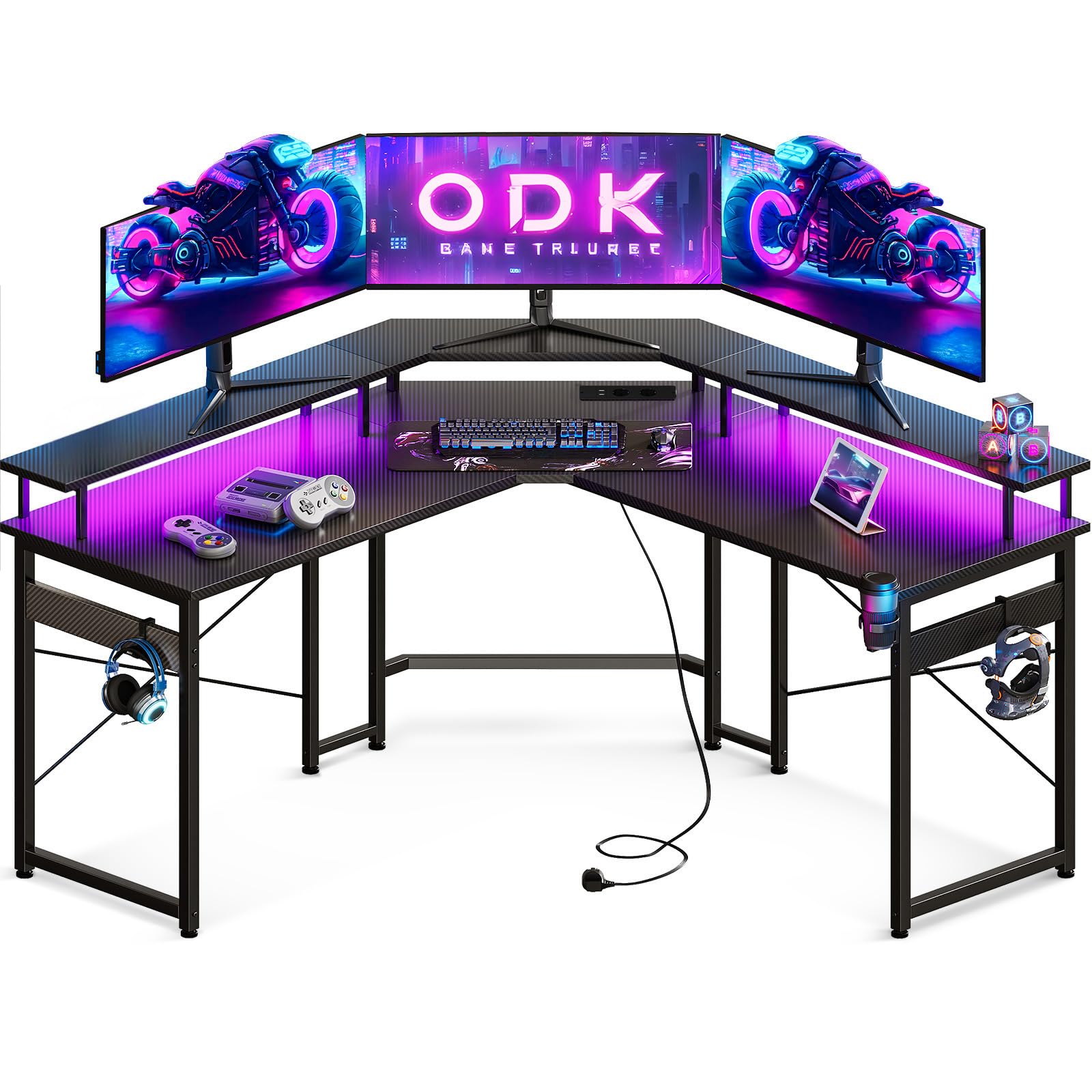 ODK 129x129 cm Gaming Desk with LED Lights, PC Computer Desk with 2 Power Outlets & 2 USB Ports, Large Monitor Stand, Carbon Fiber Black - Perfect for Esports, Streaming & Home Office Setup