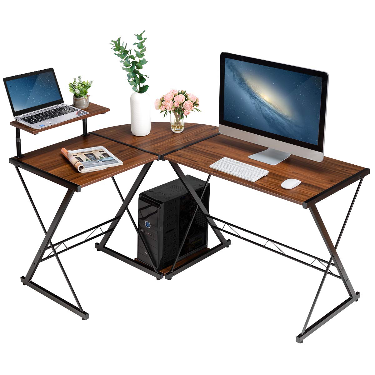 Hysache L-Shaped Computer Desk with Movable Monitor Stand - Ergonomic Home Office Desk for PC Gaming & Workstation, Sturdy Iron Frame Corner Desk with CPU Stand (Brown) - Perfect for Small Spaces & Multi-Tasking