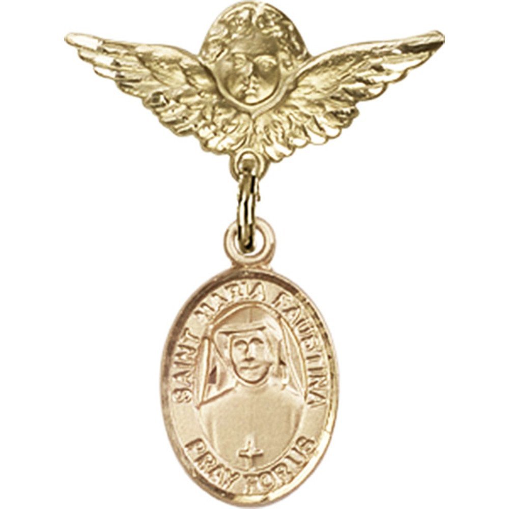 Gold Filled St. Maria Faustina & Angel Wing Charm Baby Badge Pin - 1 x 3/4 Inch Religious Jewelry for Baptism, First Communion & Christening Gifts