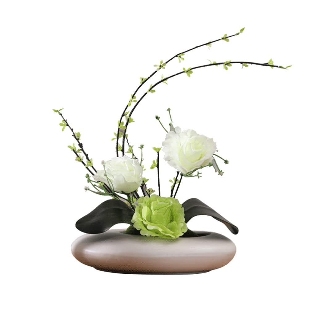 Artificial Silk Rose Flowers in White Flowerpot - Realistic Fake Roses for Home Decor, Party Centerpieces, Wedding Bouquets & Office Desk Decoration (Bonsai Style, White Bottle Set)