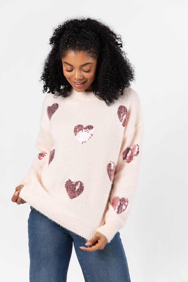 True Romance Blush Sequin Heart Sweater for Women - Valentine's Day Outfit, Date Night, Party Wear | Final Sale