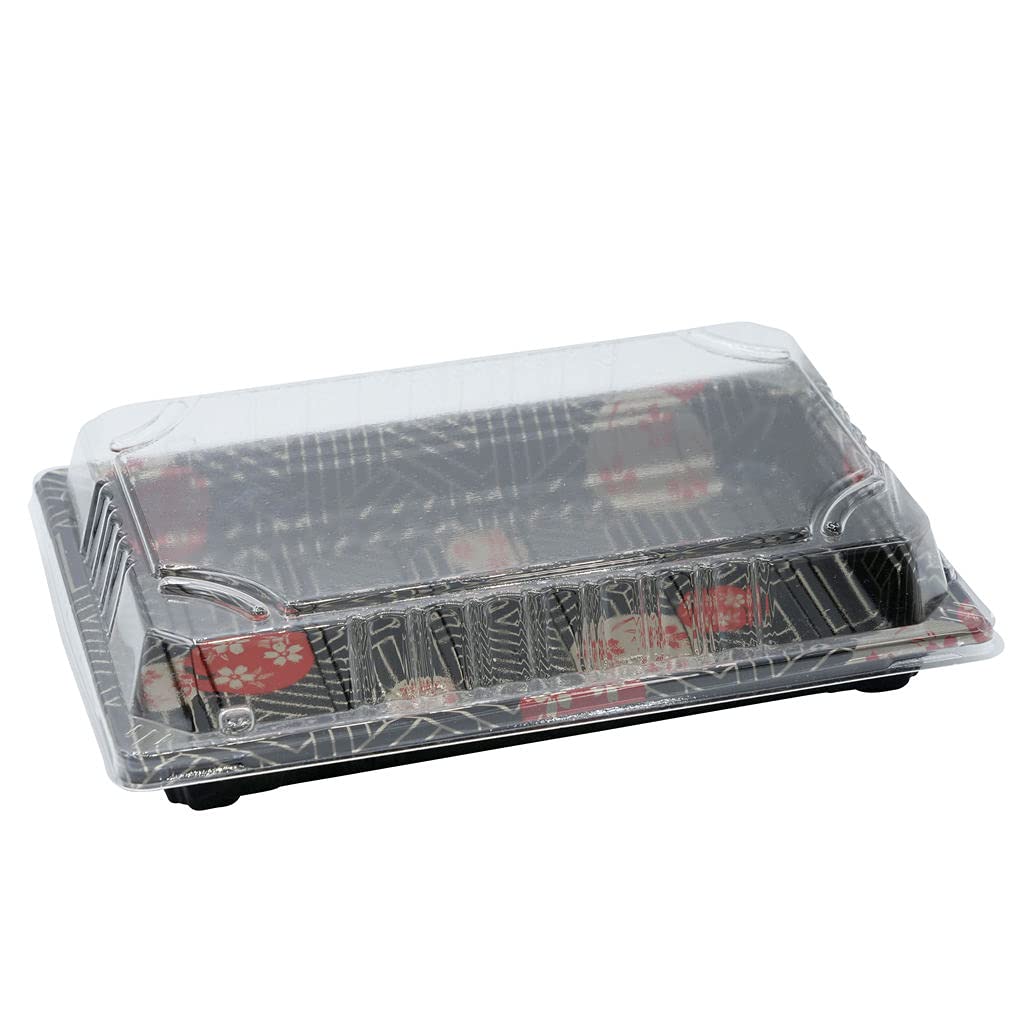 EcoQuality 8.5 x 5.5 Inch Black Sushi Trays with Lids - 50 Pack Disposable Plastic Food Containers for Sushi, Takeout, Entrees, Appetizers & Desserts | Perfect for Restaurants, Catering & Home Meal Prep