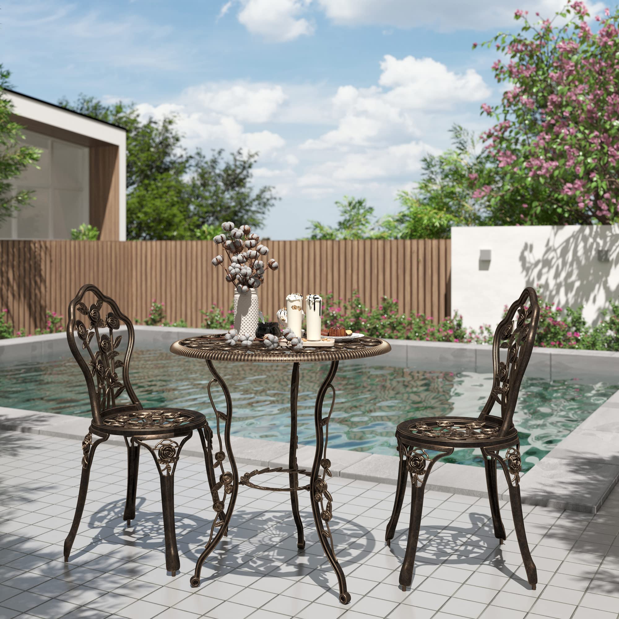 BELLEZE 3-Piece Outdoor Bistro Set - Aluminum & Wrought Iron Patio Table and Chairs with Rose Design, Weather-Resistant Garden Furniture for Balcony, Backyard, Deck or Poolside (Bronze) - Perfect for Relaxing, Dining & Entertaining Outdoors