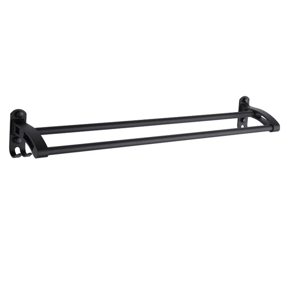 No Drill Wall Mounted Towel Rack - 2 Tier Space Saving Black Aluminum Bathroom Towel Holder with Strong Adhesive Hooks | Perfect for Small Bathrooms, Apartments & Dorm Rooms