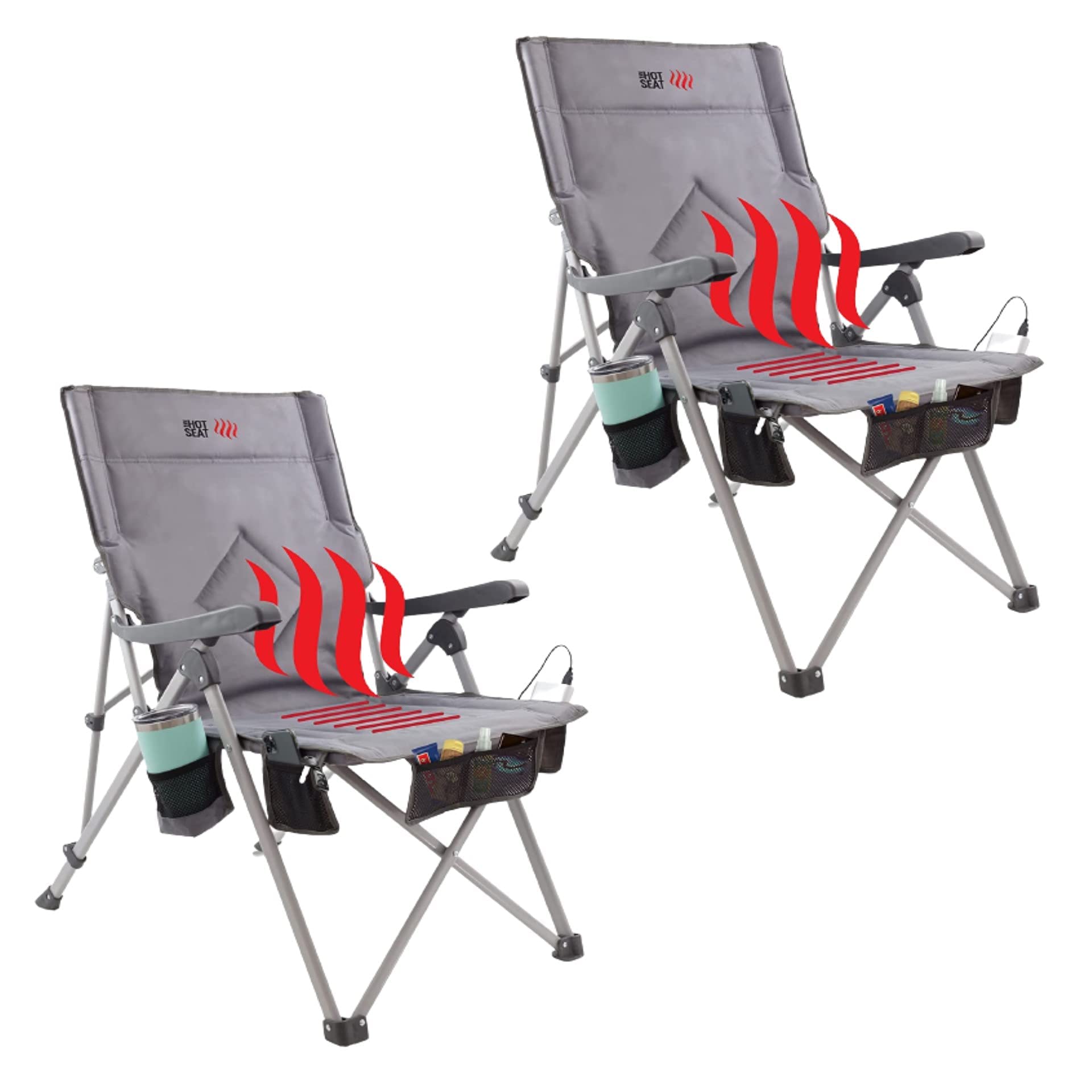 POP Design The Hot Seat - USB Heated Portable Camping Chair with Extra-Large Armrests & 5 Pockets - Perfect for Outdoor Camping, Beach Picnics, Sports Events & Travel - Includes Travel Bag & Cup Holder - 2-Pack (Battery Not Included) - Ideal for Winter Camping, Tailgating & Outdoor Concerts