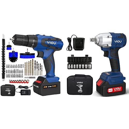 YIOU 20V MAX Cordless Drill Driver Kit with Battery & Charger + Impact Wrench Set - Powerful Electric Screwdriver for Home DIY, Car Repair & Construction Projects (Blue)