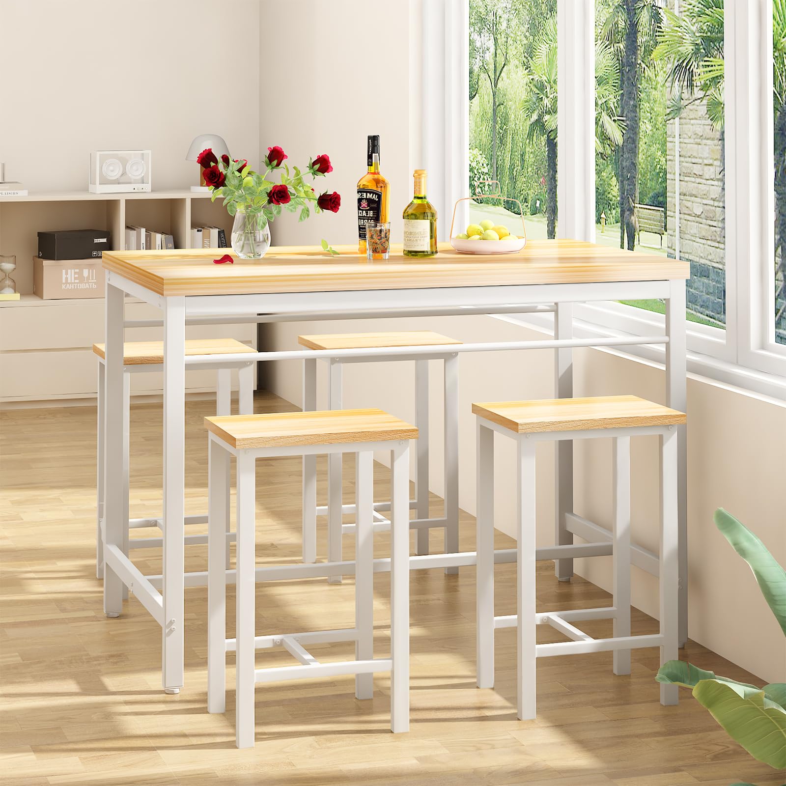 AWQM 5-Piece Counter Height Dining Table Set for 4 - Beige Wood Pub Table with 4 Bar Stools - Perfect for Small Space Kitchen, Breakfast Nook, or Bar Area (Beige)