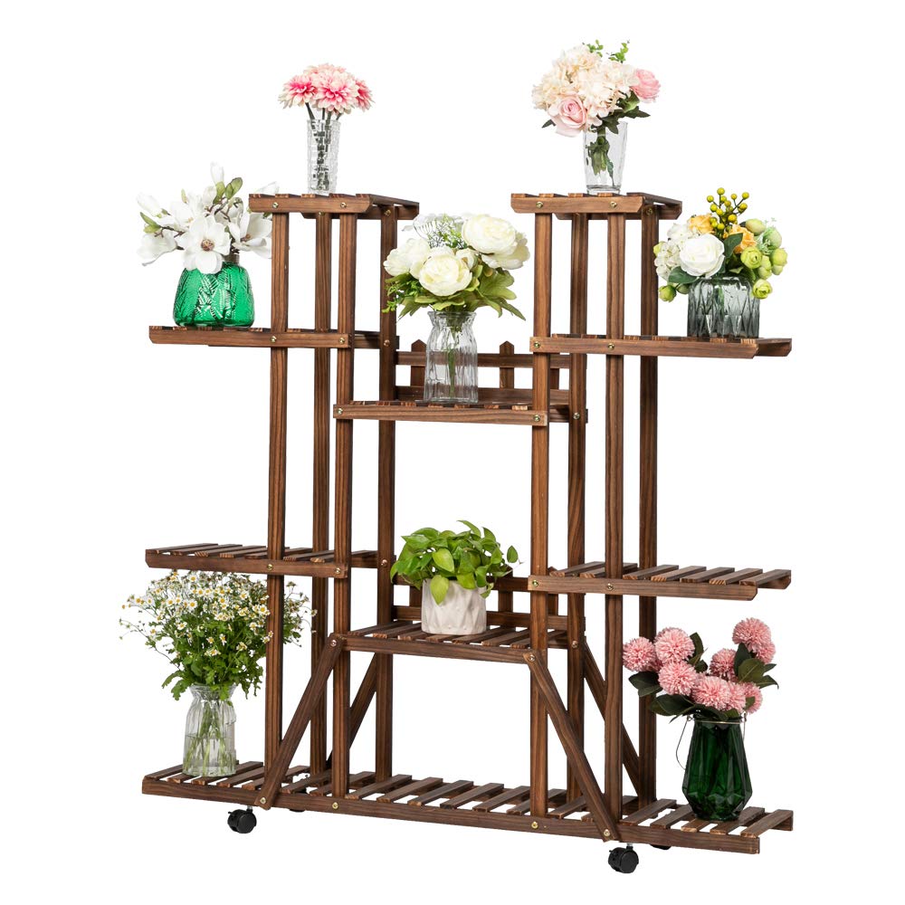 WUTONG Artisasset 6-Tier 11-Shelf Indoor/Outdoor Multi-Purpose Carbonized Wooden Plant Stand - Perfect for Displaying Flowers, Herbs & Home Decor in Garden, Patio or Living Room
