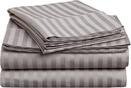 Premium 300 Thread Count Long-Staple Cotton Bedsheet Set with Matching Pillowcases - Queen Size, Gray Striped - Soft & Breathable for Ultimate Comfort - Perfect for Master Bedroom, Guest Room & Vacation Homes
