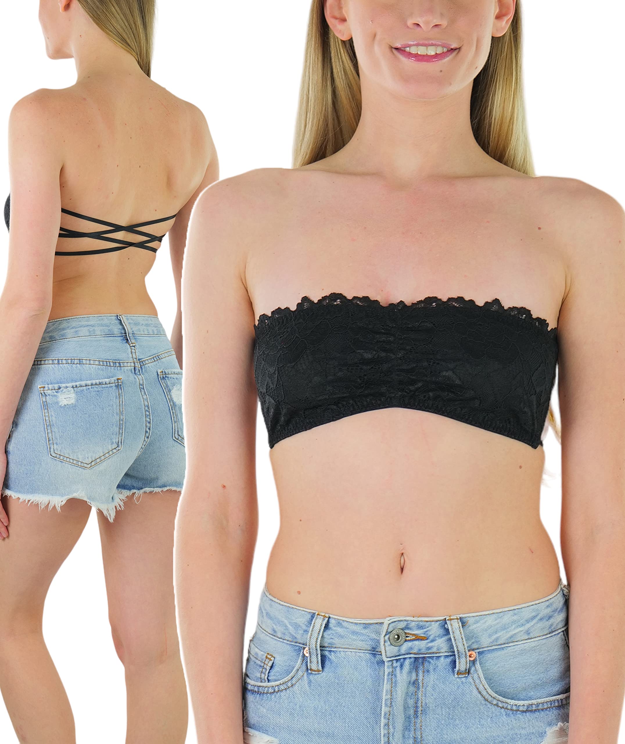 ToBeInStyle Women's Lace Bandeau Bralette - Crisscross Back Strappy Bandeau Top for Summer, Beach, and Layering