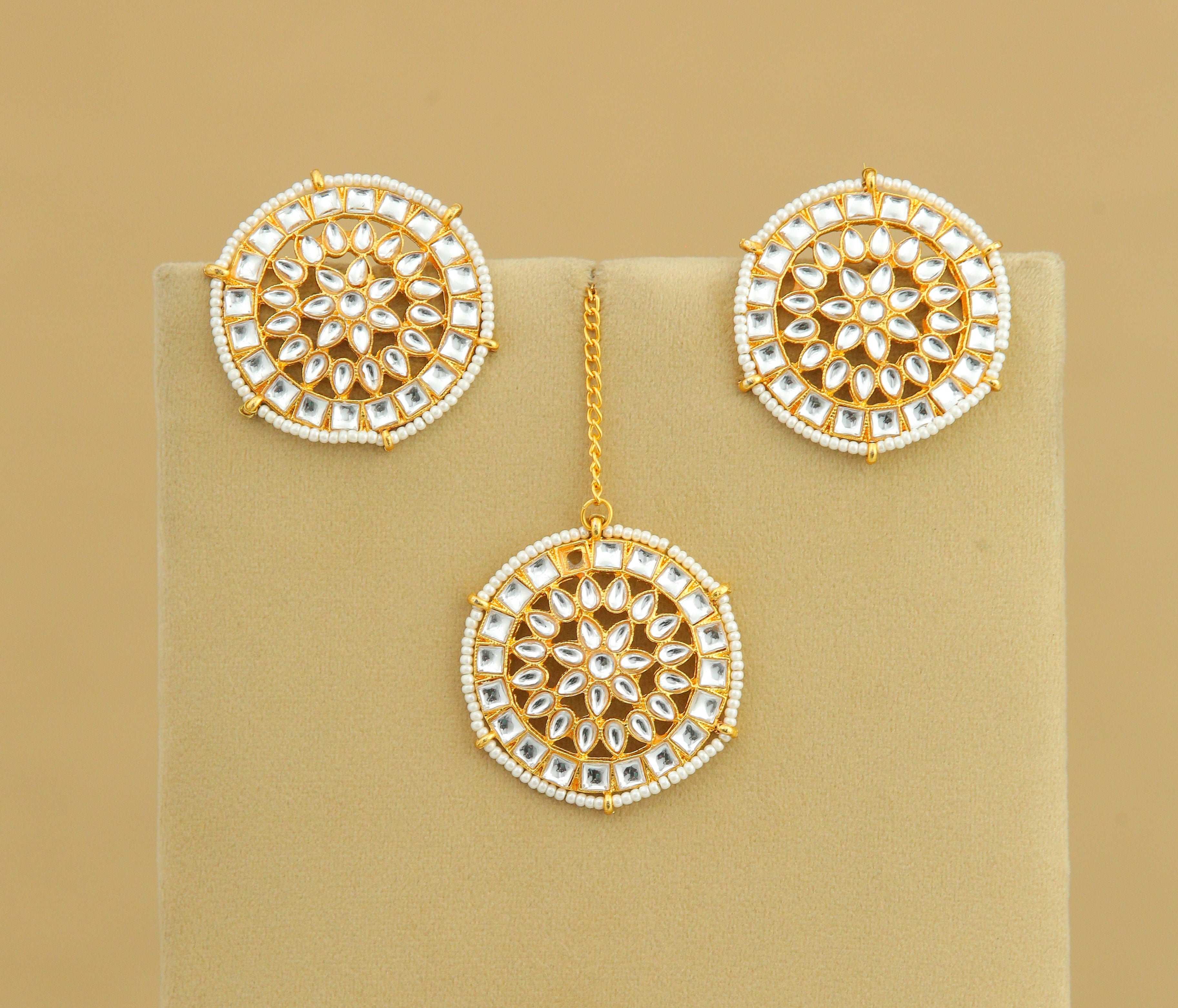 Anjali Kundan Earrings with Tikka – Traditional Indian Bridal Jewelry for Weddings & Festive Occasions