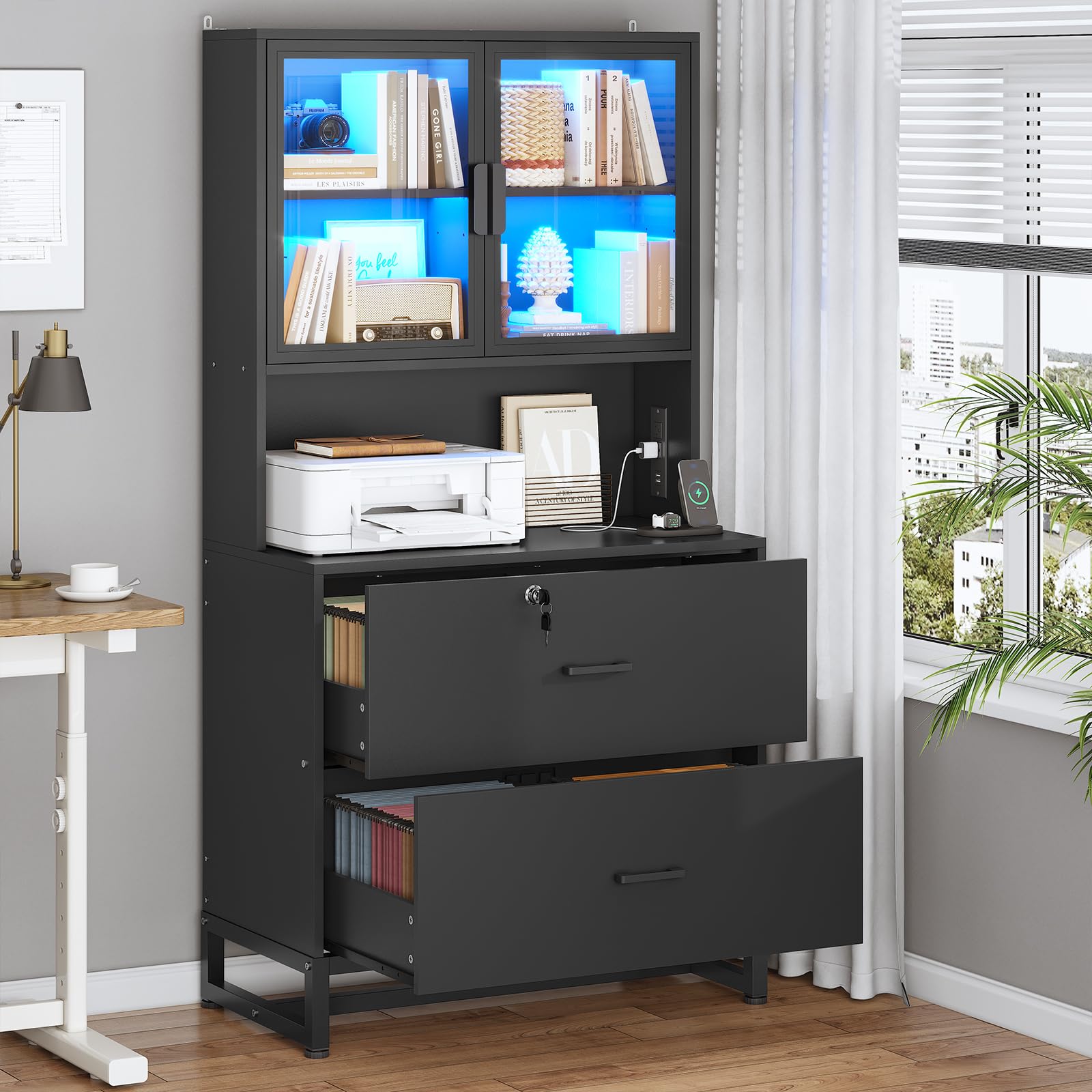 SEDETA 2-Drawer Locking File Cabinet with USB Charging Station - Letter/Legal/A4 Size Wooden Office Storage Cabinet with Bookshelf & Printer Stand - Black - Perfect for Home Office Organization & Workspace Storage Solutions